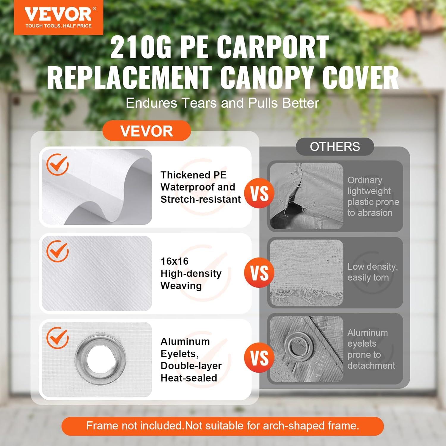 imageVEVOR Upgraded 10x20 FT Heavy Duty Carport Canopy with Rollup Windows AllSeason Portable Garage with Removable Sidewalls ampamp Doors 12 Stakes ampamp 12 Ropes Car Tent for Car Truck Boat EquipmentTop Cover  White
