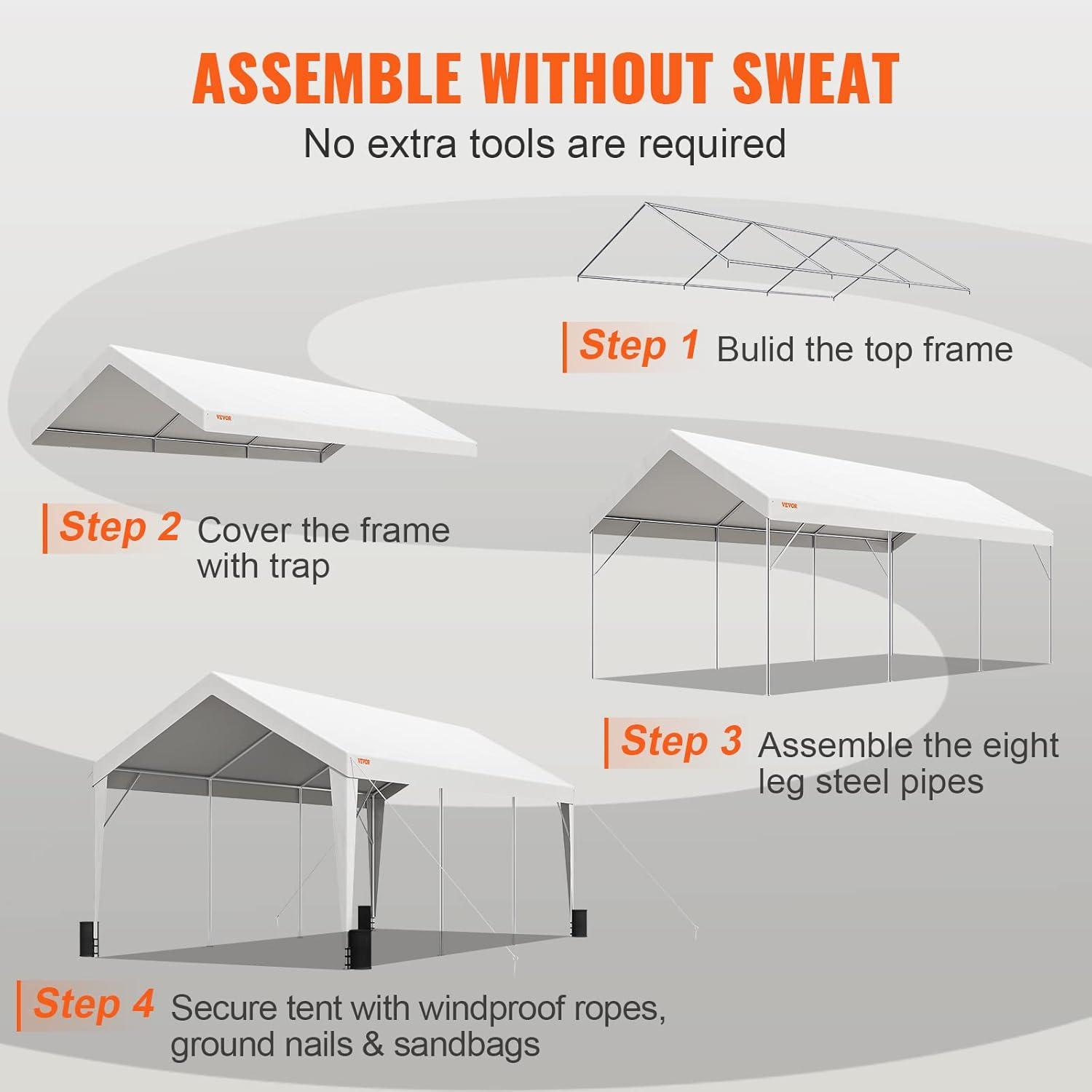 imageVEVOR Upgraded 10x20 FT Heavy Duty Carport Canopy with Rollup Windows AllSeason Portable Garage with Removable Sidewalls ampamp Doors 12 Stakes ampamp 12 Ropes Car Tent for Car Truck Boat EquipmentCarport  White