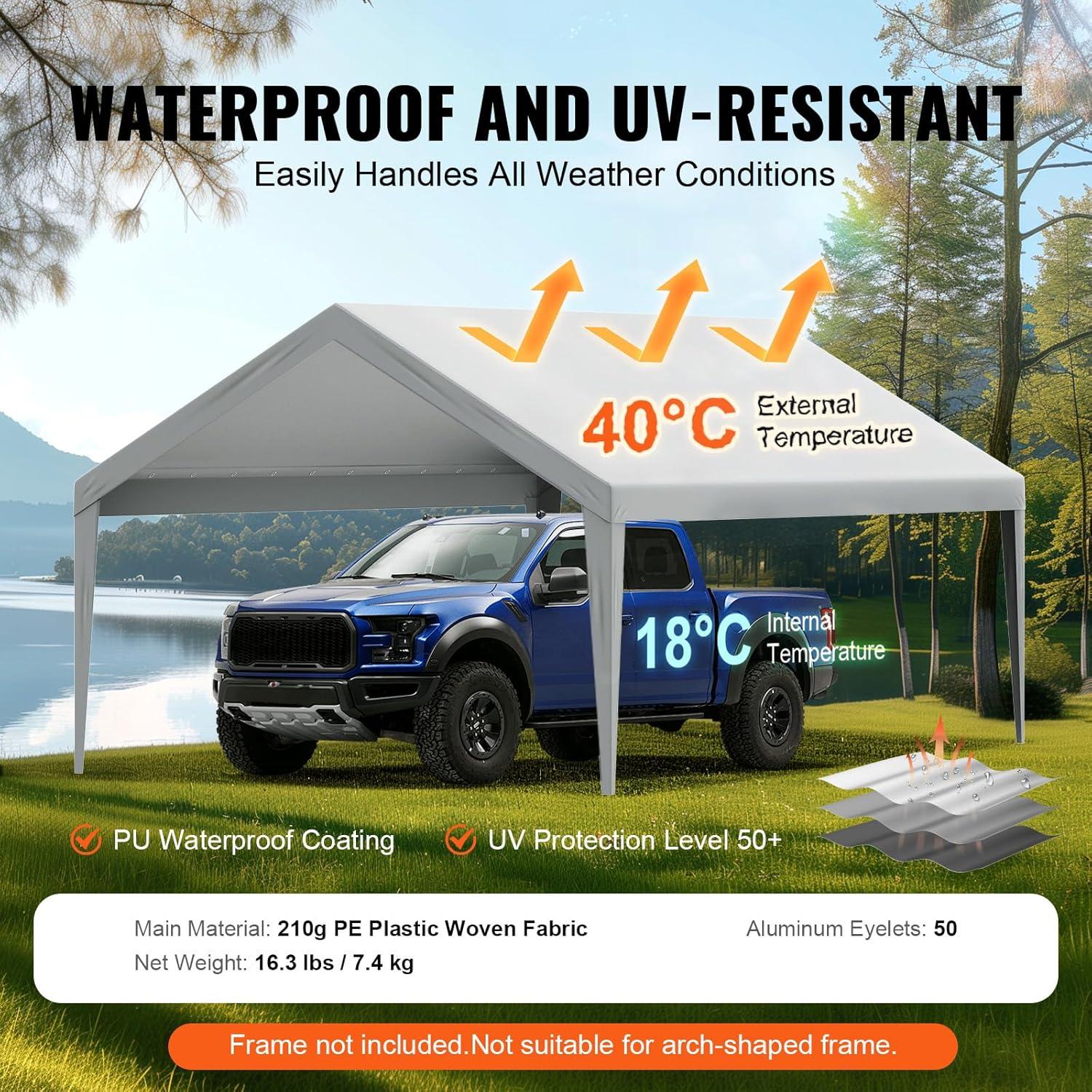 imageVEVOR Upgraded 10x20 FT Heavy Duty Carport Canopy with Rollup Windows AllSeason Portable Garage with Removable Sidewalls ampamp Doors 12 Stakes ampamp 12 Ropes Car Tent for Car Truck Boat EquipmentTop Cover  Gray
