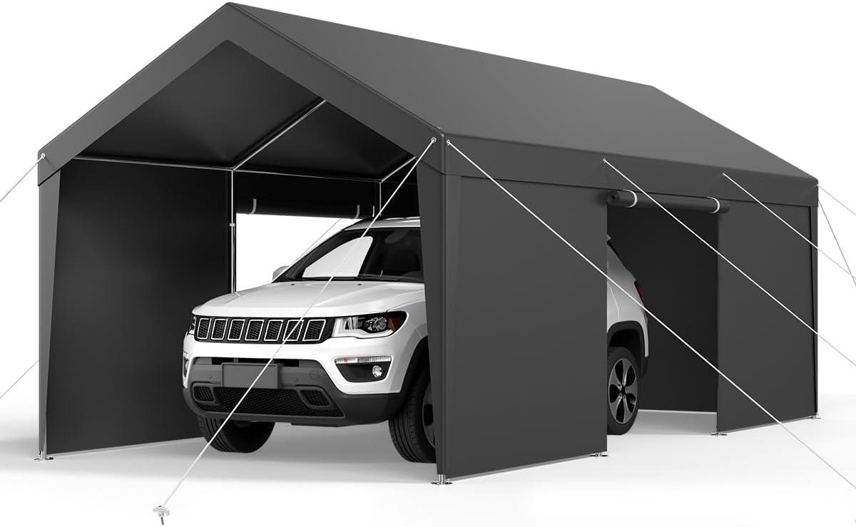imageVEVOR Upgraded 10x20 FT Heavy Duty Carport Canopy with Rollup Windows AllSeason Portable Garage with Removable Sidewalls ampamp Doors 12 Stakes ampamp 12 Ropes Car Tent for Car Truck Boat EquipmentPE Carport with Sidewall  Gray