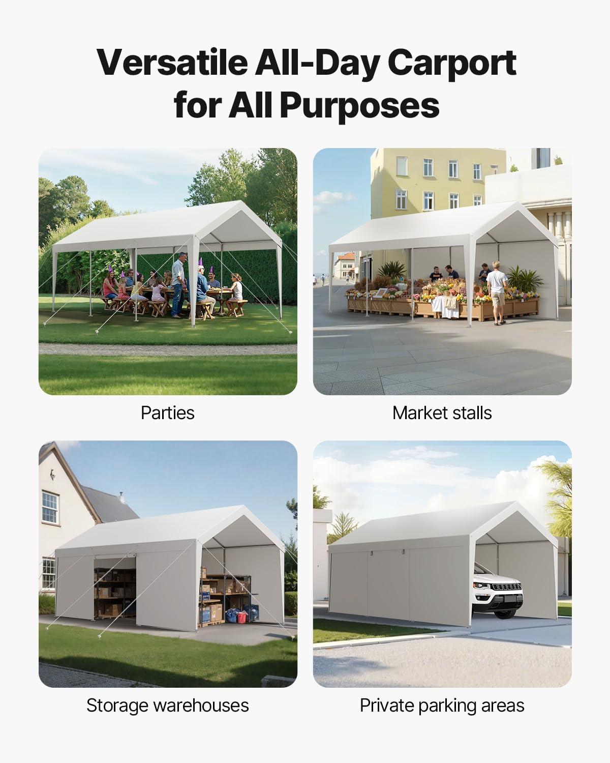 imageVEVOR Upgraded 10x20 FT Heavy Duty Carport Canopy with Rollup Windows AllSeason Portable Garage with Removable Sidewalls ampamp Doors 12 Stakes ampamp 12 Ropes Car Tent for Car Truck Boat EquipmentPE Carport with Sidewall  White