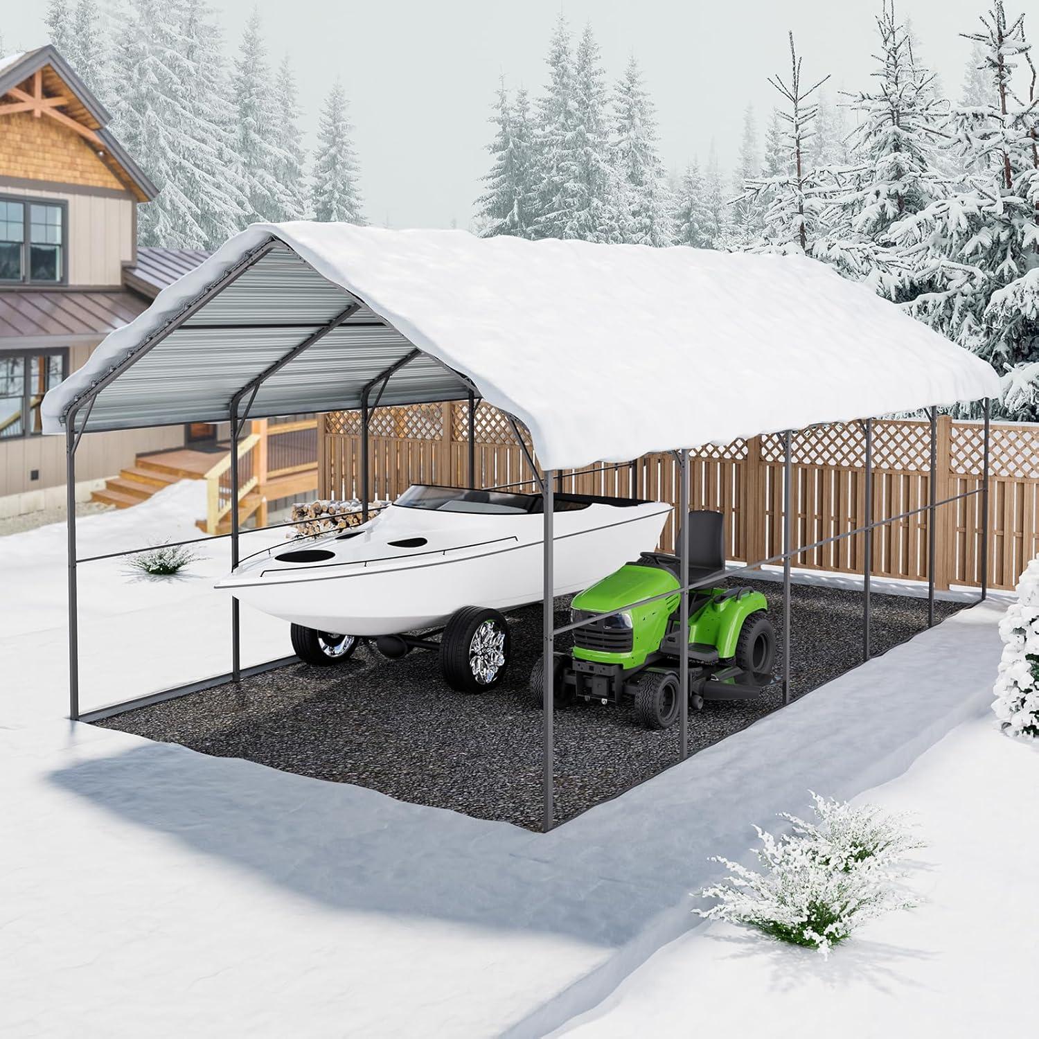 imageVEVOR Upgraded 10x20 FT Heavy Duty Carport Canopy with Rollup Windows AllSeason Portable Garage with Removable Sidewalls ampamp Doors 12 Stakes ampamp 12 Ropes Car Tent for Car Truck Boat EquipmentMetal Carport  White