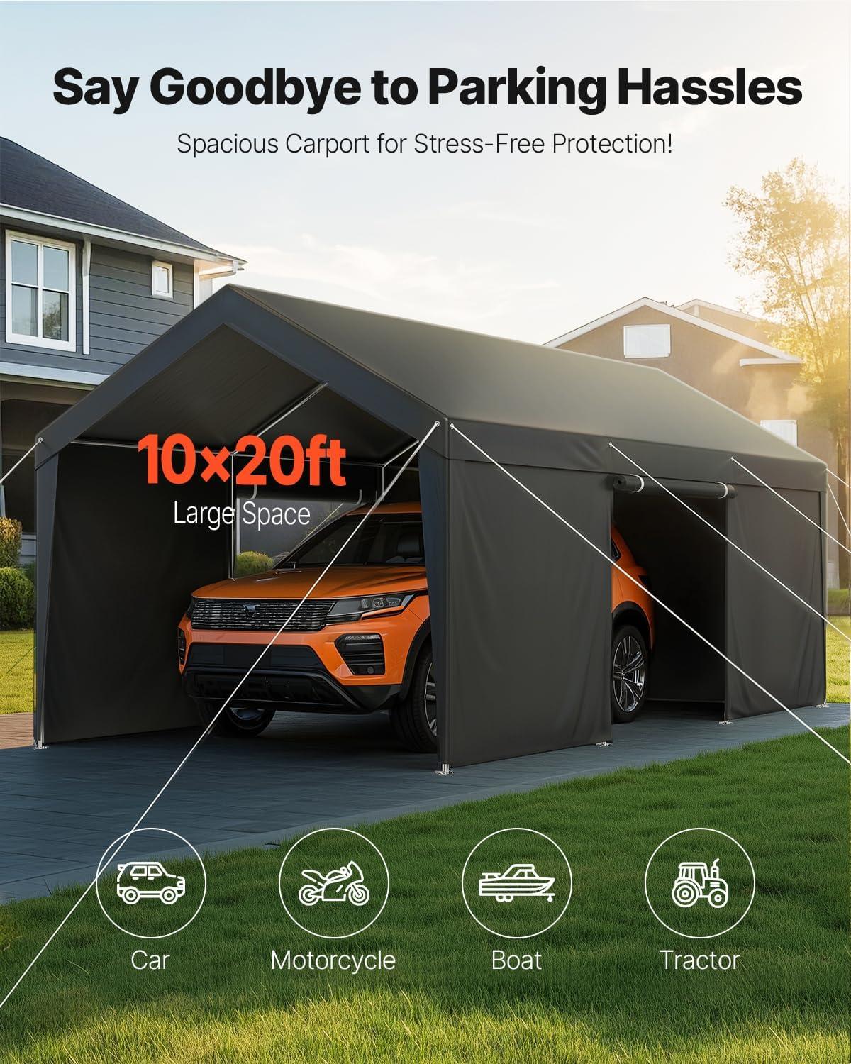 imageVEVOR Upgraded 10x20 FT Heavy Duty Carport Canopy with Rollup Windows AllSeason Portable Garage with Removable Sidewalls ampamp Doors 12 Stakes ampamp 12 Ropes Car Tent for Car Truck Boat EquipmentPE Carport with Sidewall  Gray