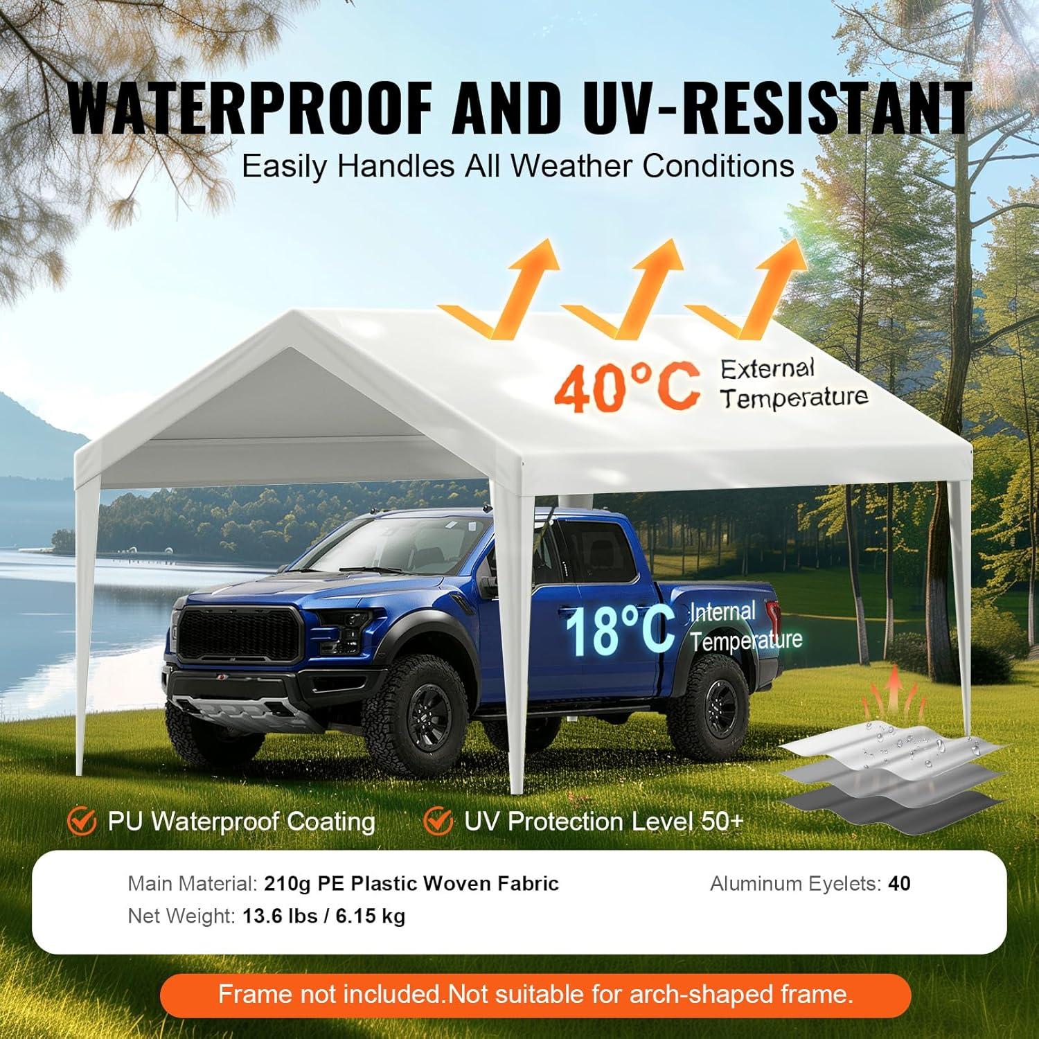 imageVEVOR Upgraded 10x20 FT Heavy Duty Carport Canopy with Rollup Windows AllSeason Portable Garage with Removable Sidewalls ampamp Doors 12 Stakes ampamp 12 Ropes Car Tent for Car Truck Boat EquipmentTop Cover  White