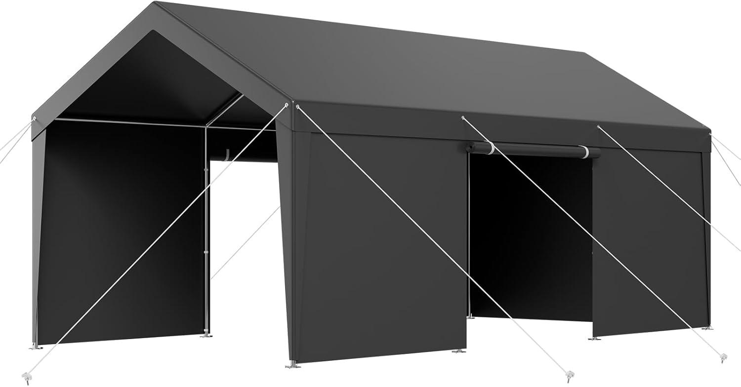 imageVEVOR Upgraded 10x20 FT Heavy Duty Carport Canopy with Rollup Windows AllSeason Portable Garage with Removable Sidewalls ampamp Doors 12 Stakes ampamp 12 Ropes Car Tent for Car Truck Boat EquipmentPE Carport with Sidewall  Gray