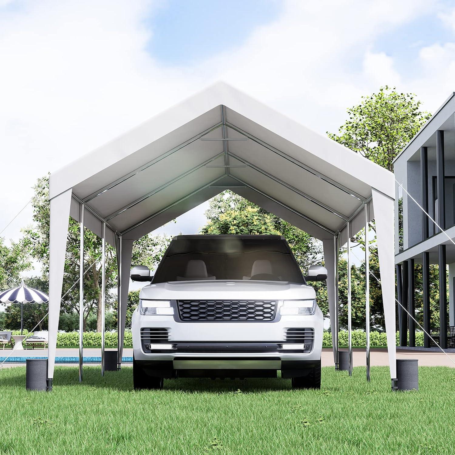 imageVEVOR Upgraded 10x20 FT Heavy Duty Carport Canopy with Rollup Windows AllSeason Portable Garage with Removable Sidewalls ampamp Doors 12 Stakes ampamp 12 Ropes Car Tent for Car Truck Boat EquipmentCarport  White