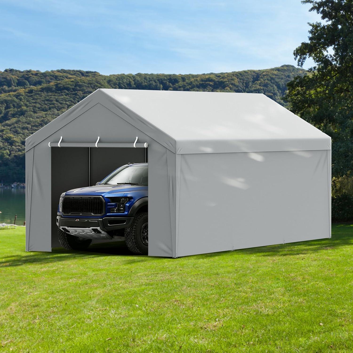 imageVEVOR Upgraded 10x20 FT Heavy Duty Carport Canopy with Rollup Windows AllSeason Portable Garage with Removable Sidewalls ampamp Doors 12 Stakes ampamp 12 Ropes Car Tent for Car Truck Boat EquipmentTop Cover Sidewall  Gray
