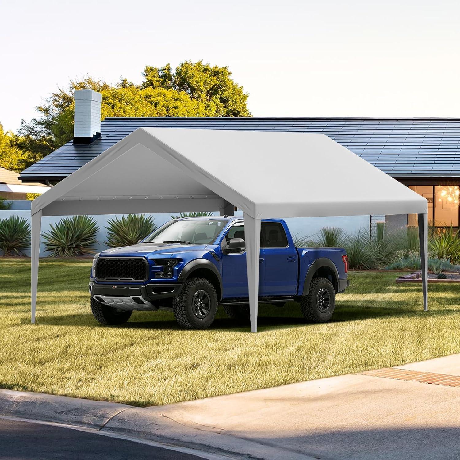 imageVEVOR Upgraded 10x20 FT Heavy Duty Carport Canopy with Rollup Windows AllSeason Portable Garage with Removable Sidewalls ampamp Doors 12 Stakes ampamp 12 Ropes Car Tent for Car Truck Boat EquipmentTop Cover  Gray