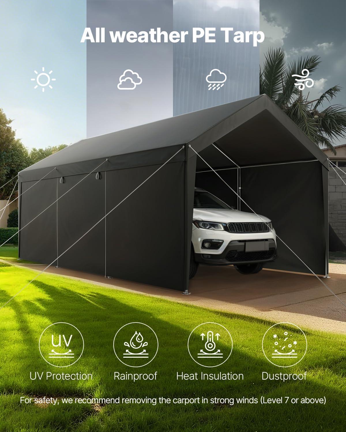 imageVEVOR Upgraded 10x20 FT Heavy Duty Carport Canopy with Rollup Windows AllSeason Portable Garage with Removable Sidewalls ampamp Doors 12 Stakes ampamp 12 Ropes Car Tent for Car Truck Boat EquipmentPE Carport with Sidewall  Gray