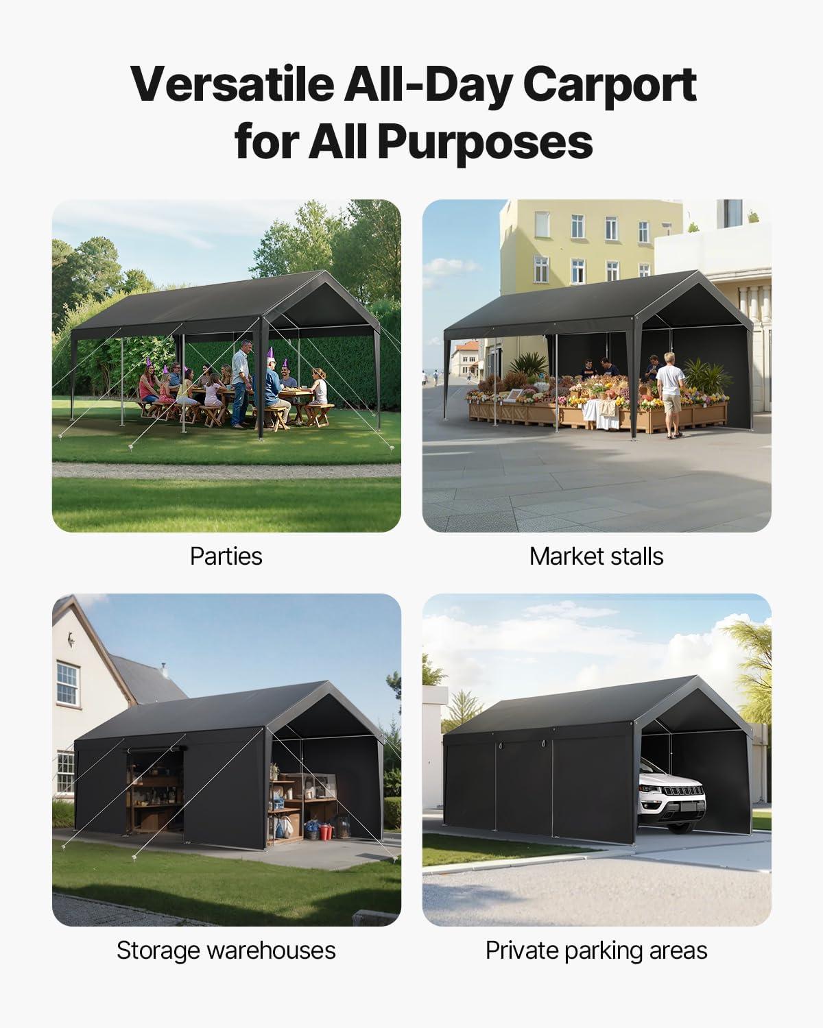 imageVEVOR Upgraded 10x20 FT Heavy Duty Carport Canopy with Rollup Windows AllSeason Portable Garage with Removable Sidewalls ampamp Doors 12 Stakes ampamp 12 Ropes Car Tent for Car Truck Boat EquipmentPE Carport with Sidewall  Gray