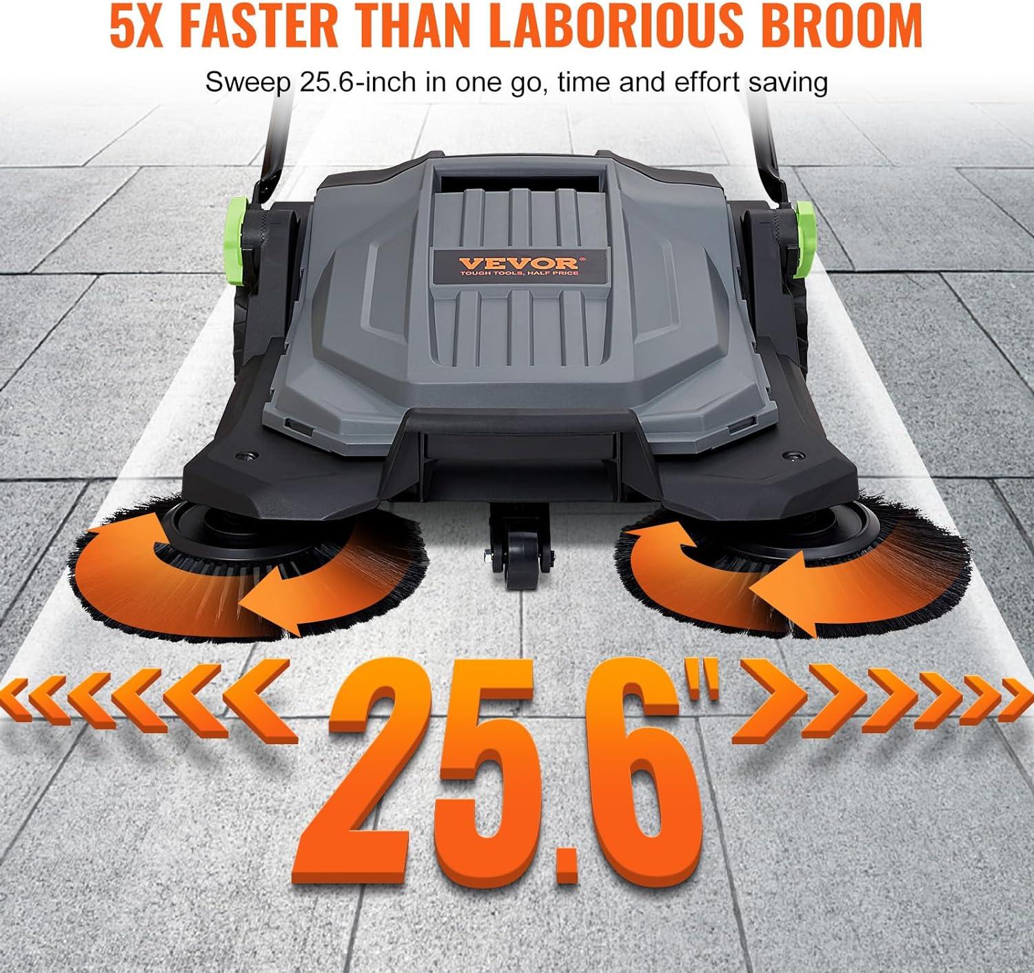 imageVEVOR WalkBehind Hand Push Floor Sweeper 256quot Sweeping Width Floor Sweeper Manual NonElectric 5Gallon Waste Container Angle ampamp Height Adjustable Folding Handle for Walkway Yard Garage Patio