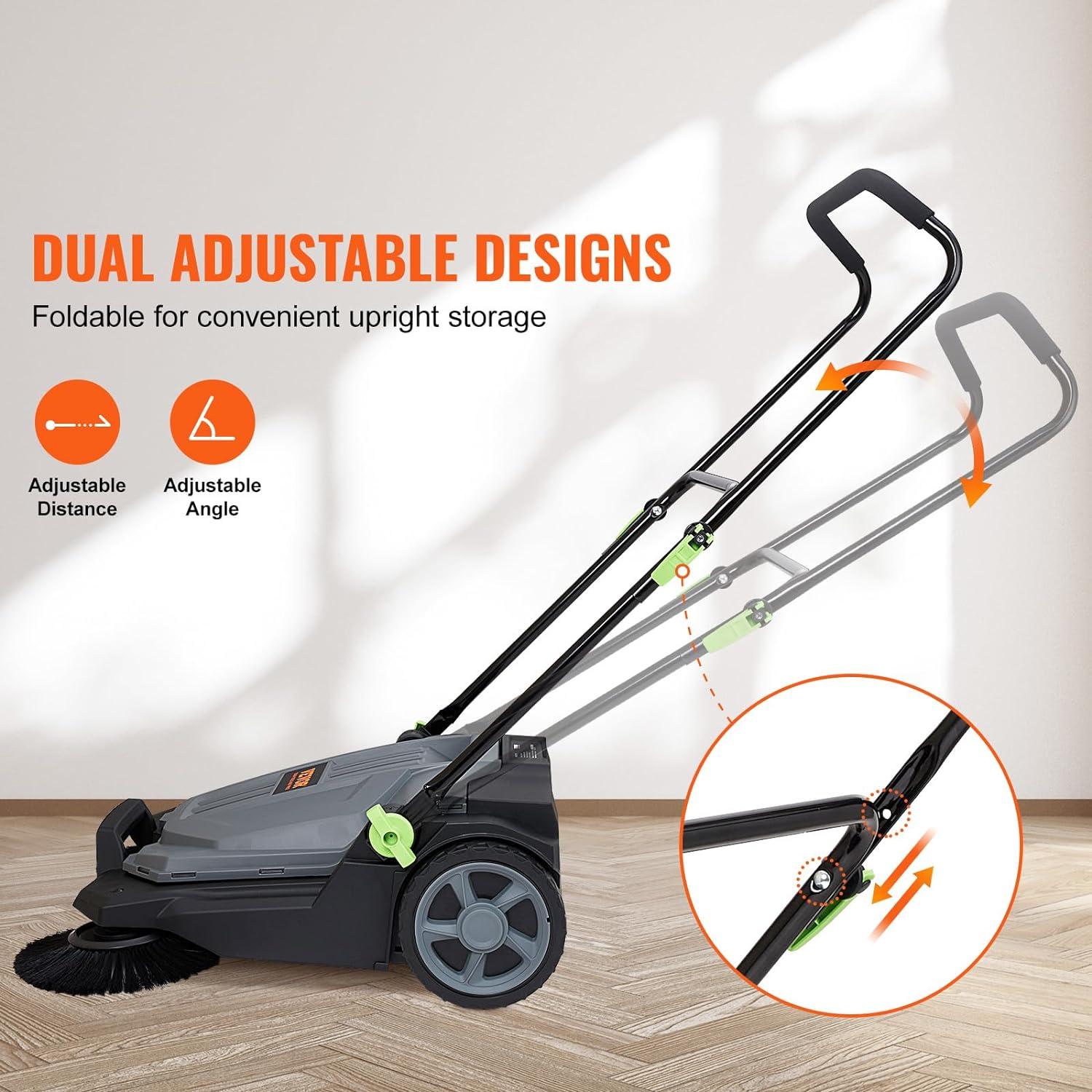 imageVEVOR WalkBehind Hand Push Floor Sweeper 256quot Sweeping Width Floor Sweeper Manual NonElectric 5Gallon Waste Container Angle ampamp Height Adjustable Folding Handle for Walkway Yard Garage Patio