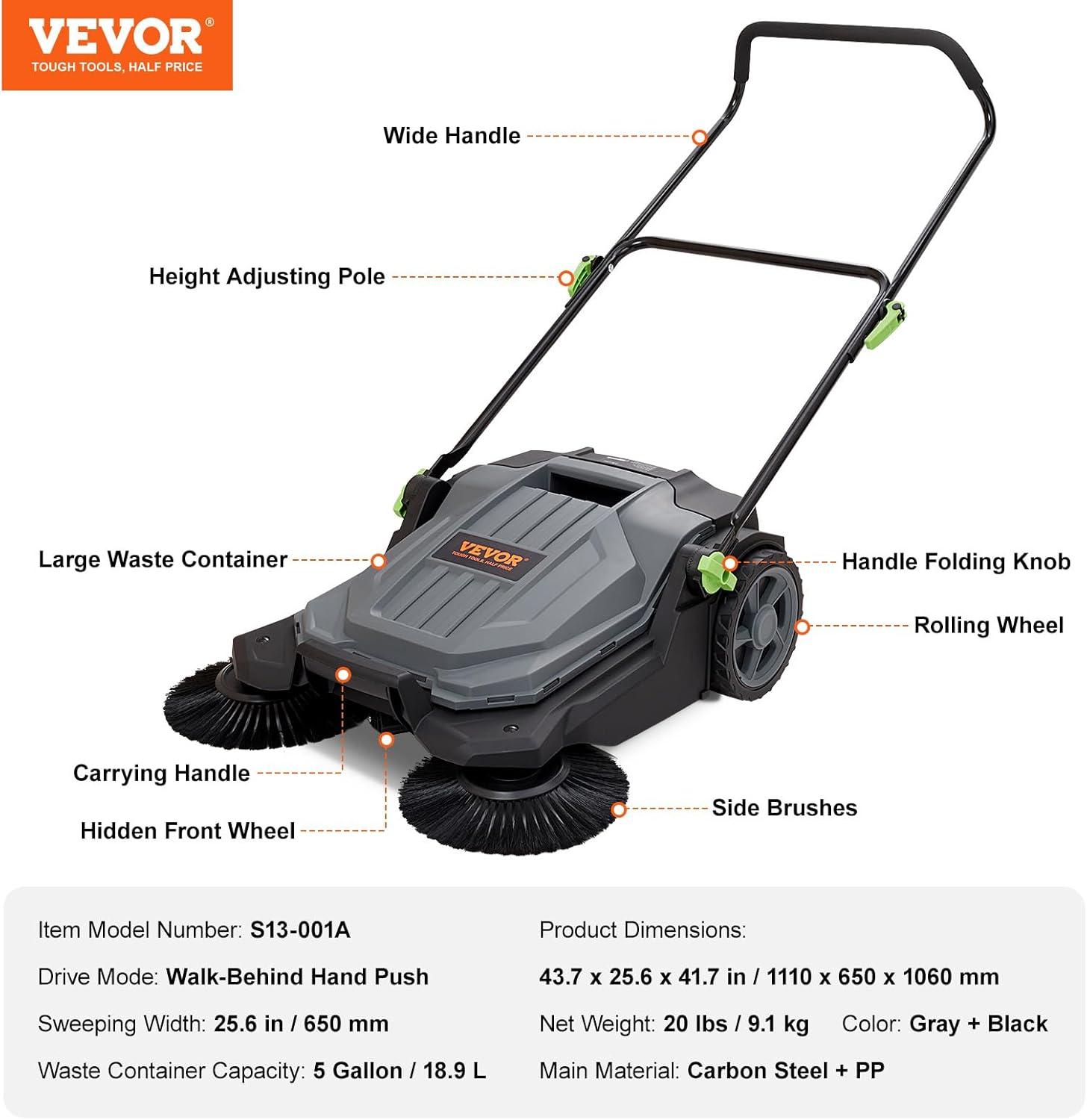 imageVEVOR WalkBehind Hand Push Floor Sweeper 256quot Sweeping Width Floor Sweeper Manual NonElectric 5Gallon Waste Container Angle ampamp Height Adjustable Folding Handle for Walkway Yard Garage Patio