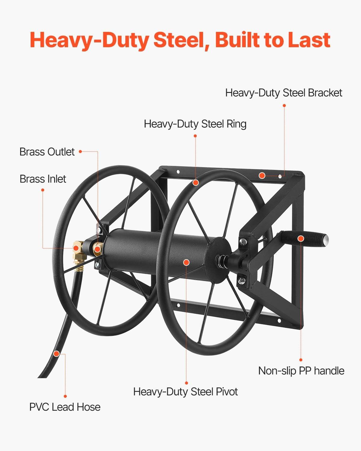 imageVEVOR Wall Mounted Garden Hose Reel Holds 200 ft 58inch Manual Water Hose Winder HeavyDuty Steel Outdoor Reel with Brass Fitting ampamp 5ft Leader Hose Space Saving for Yard Lawn GarageBlack