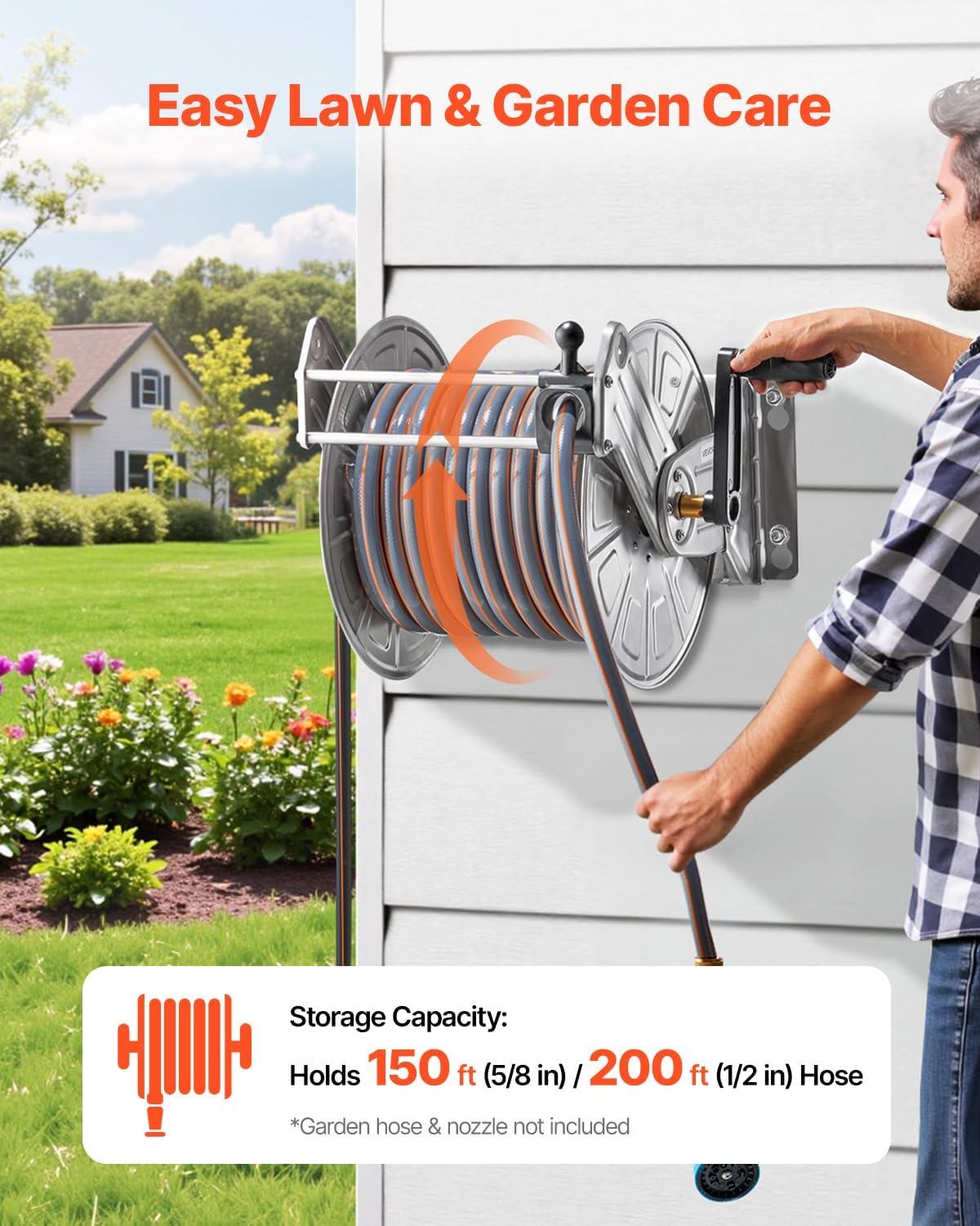 imageVEVOR Wall Mounted Garden Hose Reel Holds 200 ft 58inch Manual Water Hose Winder HeavyDuty Steel Outdoor Reel with Brass Fitting ampamp 5ft Leader Hose Space Saving for Yard Lawn GarageSilver