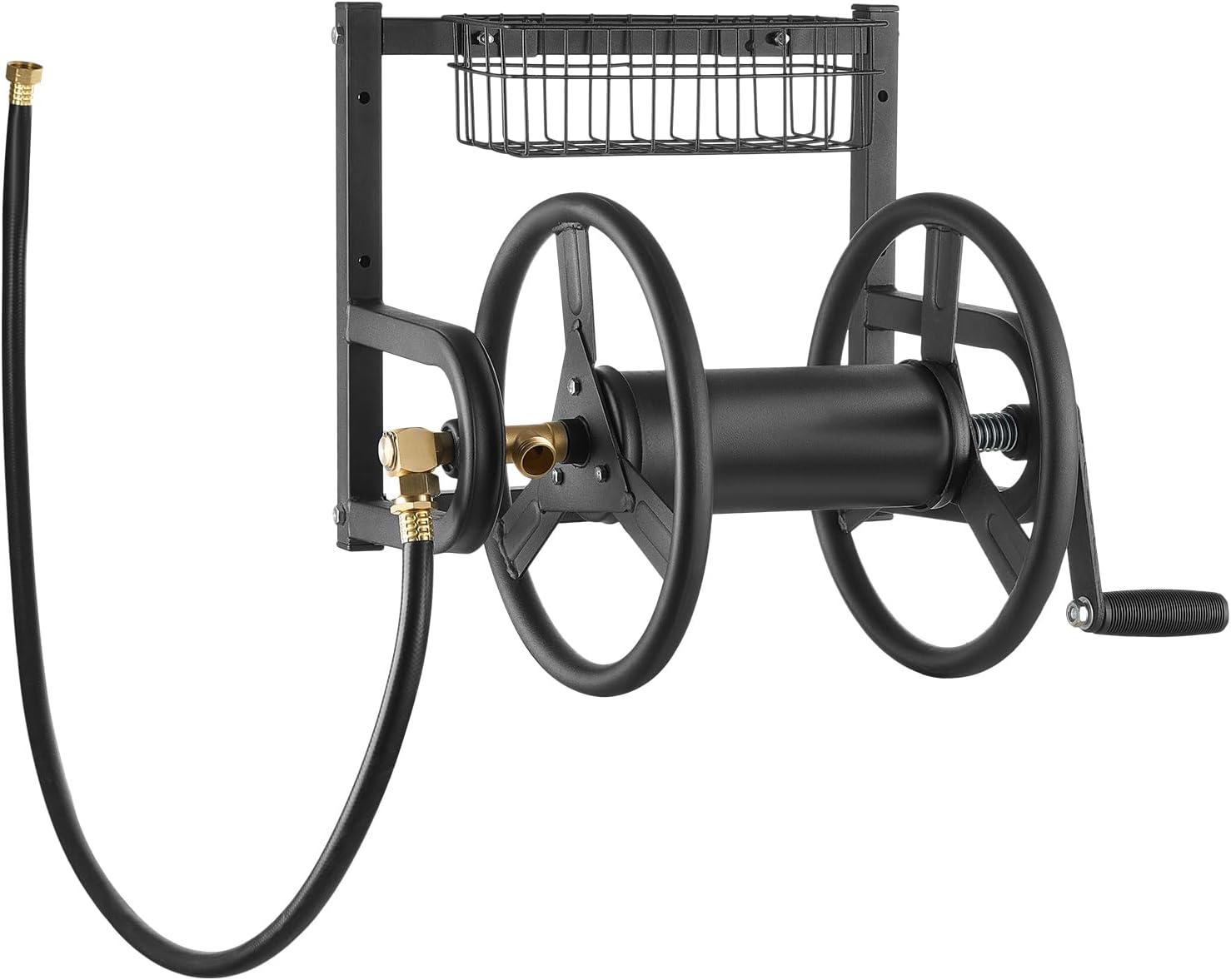 imageVEVOR Wall Mounted Garden Hose Reel Holds 200 ft 58inch Manual Water Hose Winder HeavyDuty Steel Outdoor Reel with Brass Fitting ampamp 5ft Leader Hose Space Saving for Yard Lawn GarageBlack