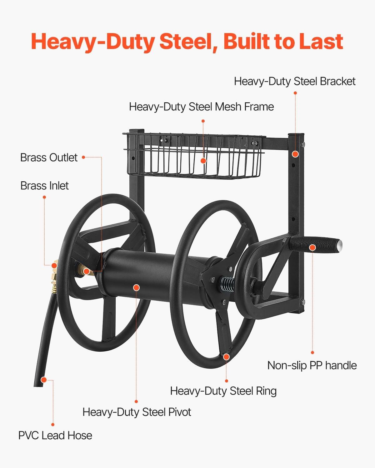 imageVEVOR Wall Mounted Garden Hose Reel Holds 200 ft 58inch Manual Water Hose Winder HeavyDuty Steel Outdoor Reel with Brass Fitting ampamp 5ft Leader Hose Space Saving for Yard Lawn GarageBlack