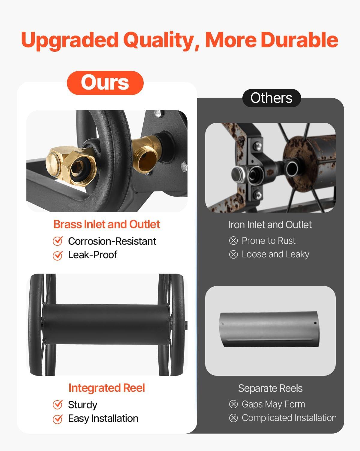 imageVEVOR Wall Mounted Garden Hose Reel Holds 200 ft 58inch Manual Water Hose Winder HeavyDuty Steel Outdoor Reel with Brass Fitting ampamp 5ft Leader Hose Space Saving for Yard Lawn GarageBlack