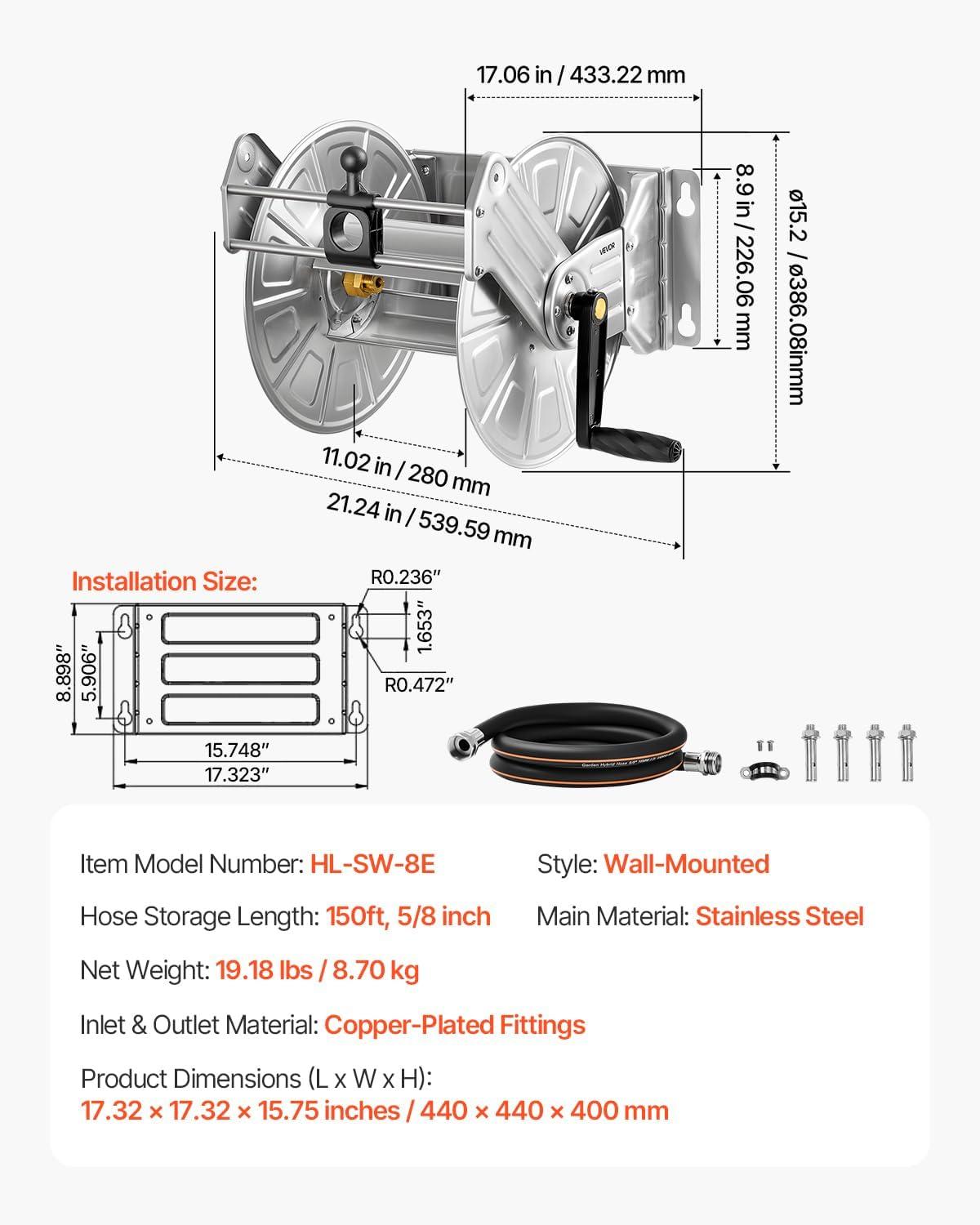 imageVEVOR Wall Mounted Garden Hose Reel Holds 200 ft 58inch Manual Water Hose Winder HeavyDuty Steel Outdoor Reel with Brass Fitting ampamp 5ft Leader Hose Space Saving for Yard Lawn GarageSilver