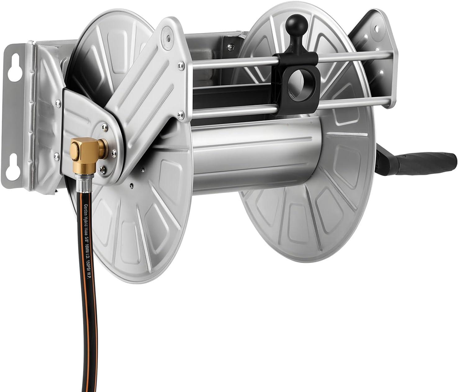 imageVEVOR Wall Mounted Garden Hose Reel Holds 200 ft 58inch Manual Water Hose Winder HeavyDuty Steel Outdoor Reel with Brass Fitting ampamp 5ft Leader Hose Space Saving for Yard Lawn GarageSilver