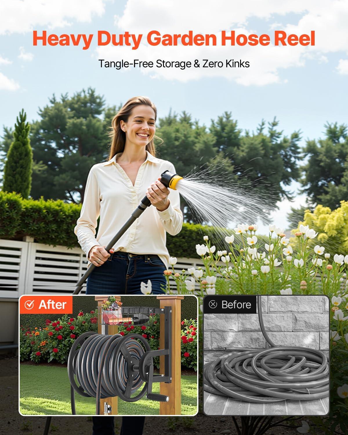 imageVEVOR Wall Mounted Garden Hose Reel Holds 200 ft 58inch Manual Water Hose Winder HeavyDuty Steel Outdoor Reel with Brass Fitting ampamp 5ft Leader Hose Space Saving for Yard Lawn GarageBlack