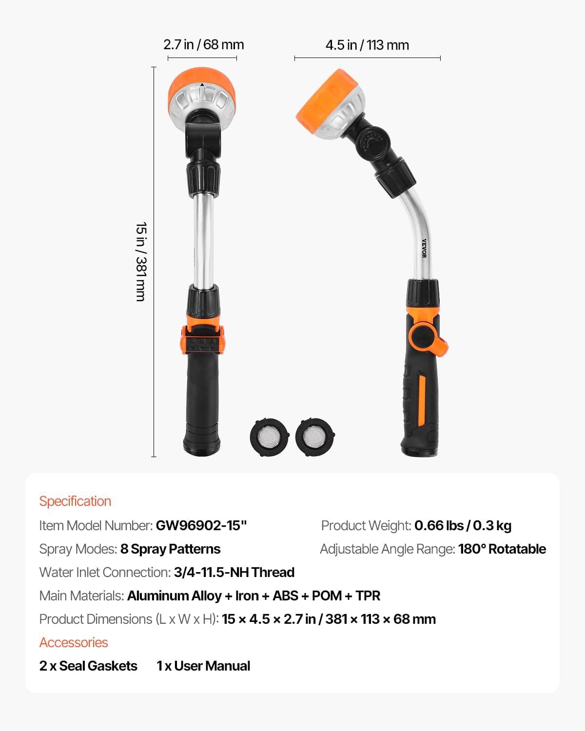 imageVEVOR Watering Wand 36Inch Extra Long Heavy Duty Garden Hose Wand with 8 Spray Patterns ampamp 180 Swivel Head Long Hose Nozzle Sprayer with onoff Thumb Control Ideal for Hanging Baskets15 Inch