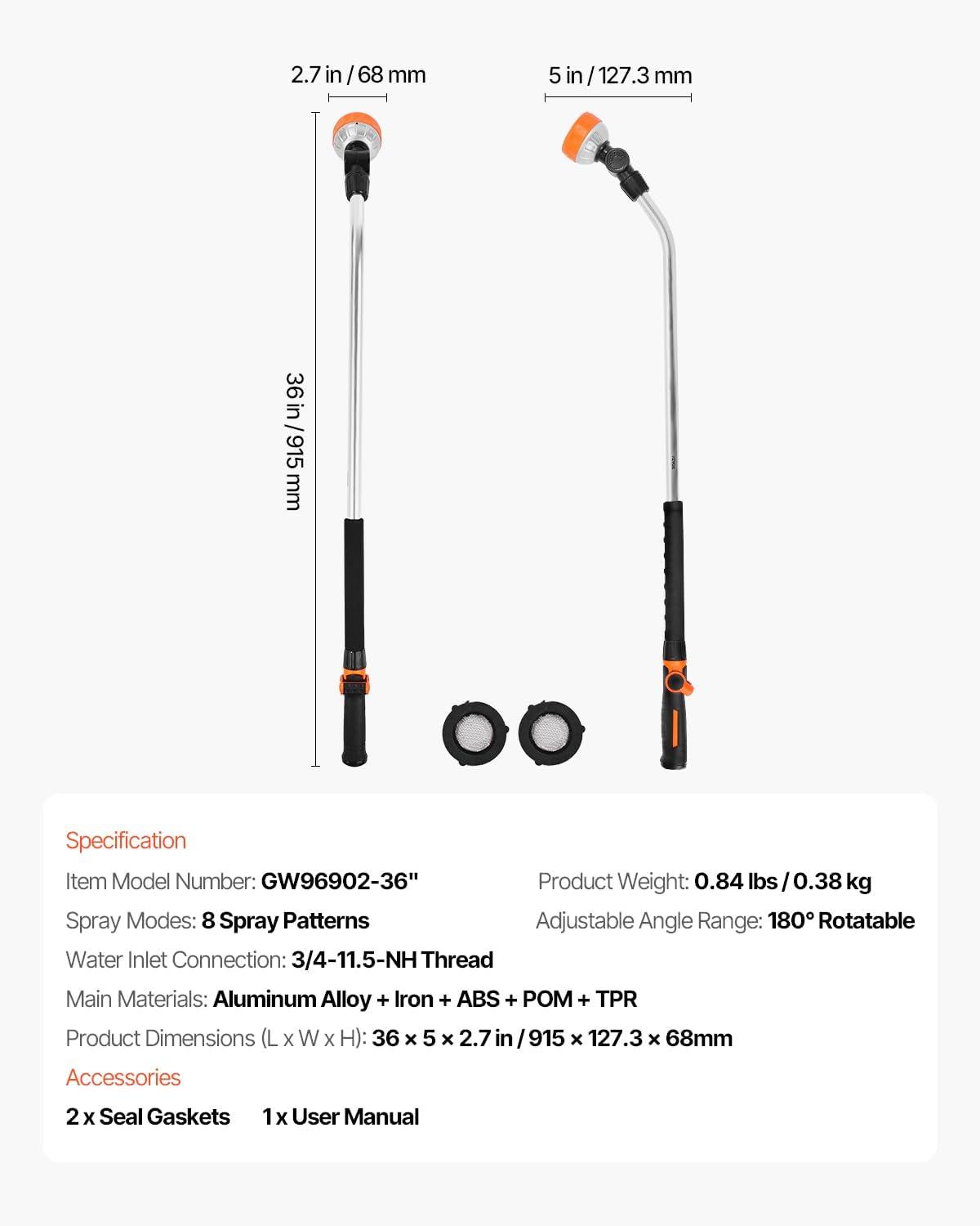 imageVEVOR Watering Wand 36Inch Extra Long Heavy Duty Garden Hose Wand with 8 Spray Patterns ampamp 180 Swivel Head Long Hose Nozzle Sprayer with onoff Thumb Control Ideal for Hanging Baskets36 Inch