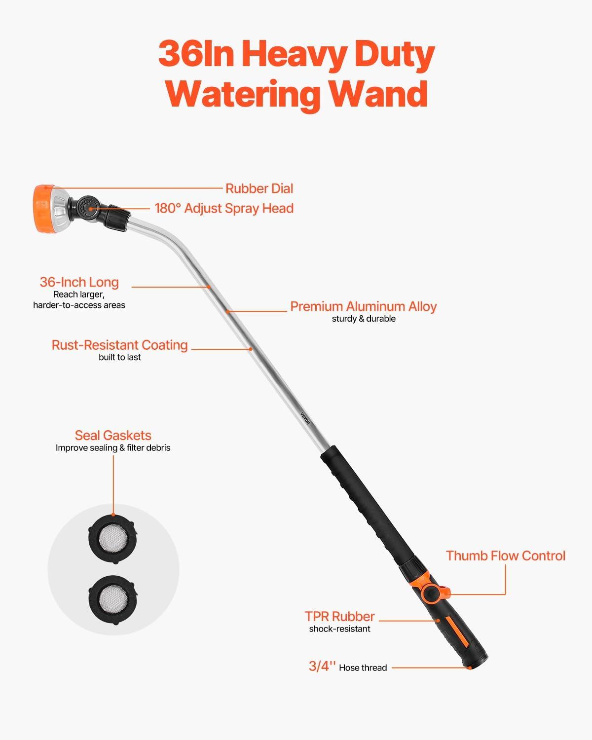 imageVEVOR Watering Wand 36Inch Extra Long Heavy Duty Garden Hose Wand with 8 Spray Patterns ampamp 180 Swivel Head Long Hose Nozzle Sprayer with onoff Thumb Control Ideal for Hanging Baskets36 Inch