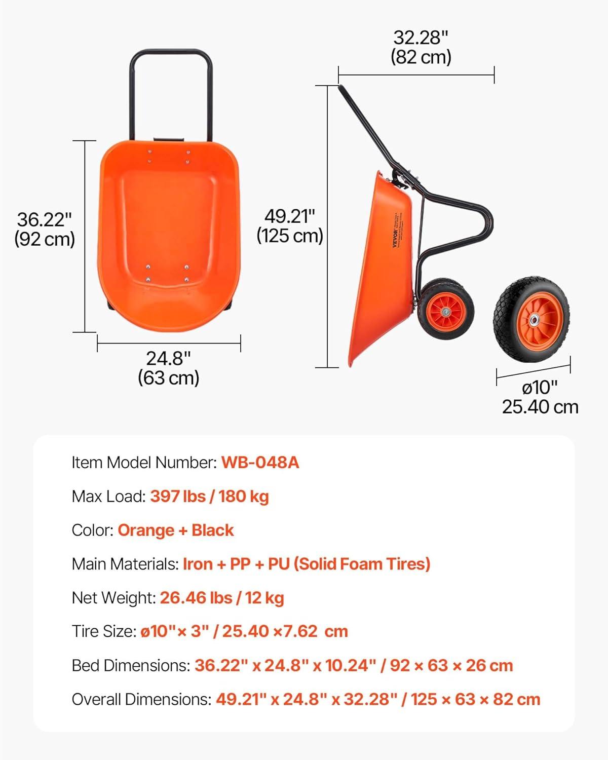 imageVEVOR Wheelbarrow Cart 5 Cu Ft Load ampamp 397 lbs Capacity 2 Wheels Garden Dump Cart Garden Wagon with Handle ampamp 10quot Wide Track Wheels Easy Loading Utility Yard Cart ampamp Wagons for Outdoor Lawn Yard5 Cu Ft Load  397 lbs