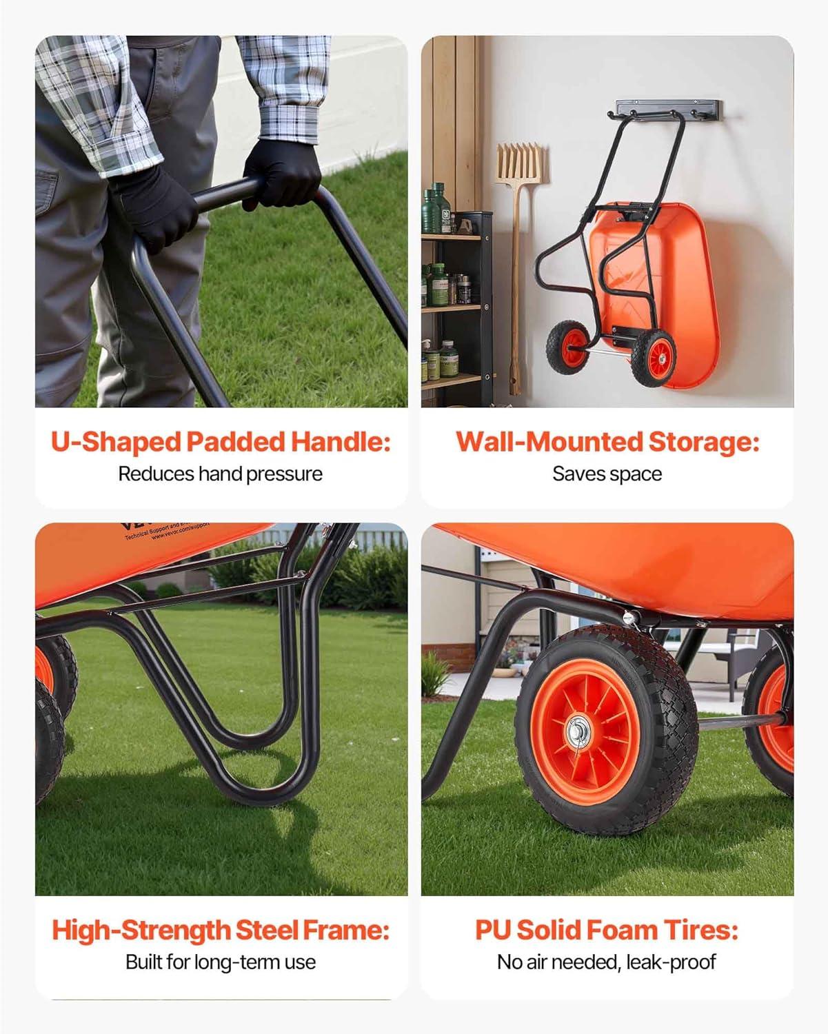 imageVEVOR Wheelbarrow Cart 5 Cu Ft Load ampamp 397 lbs Capacity 2 Wheels Garden Dump Cart Garden Wagon with Handle ampamp 10quot Wide Track Wheels Easy Loading Utility Yard Cart ampamp Wagons for Outdoor Lawn Yard5 Cu Ft Load  397 lbs