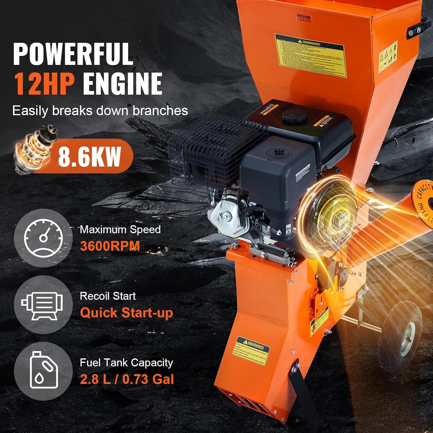 imageVEVOR Wood Chipper Shredder Mulcher 12 HP Heavy Duty Gas Powered 2 Max Diameter 420cc 86 kW Engine Woodchipper Fast Wood Chipping Chopping for Forestry Gardens Landscaping EPA Listed