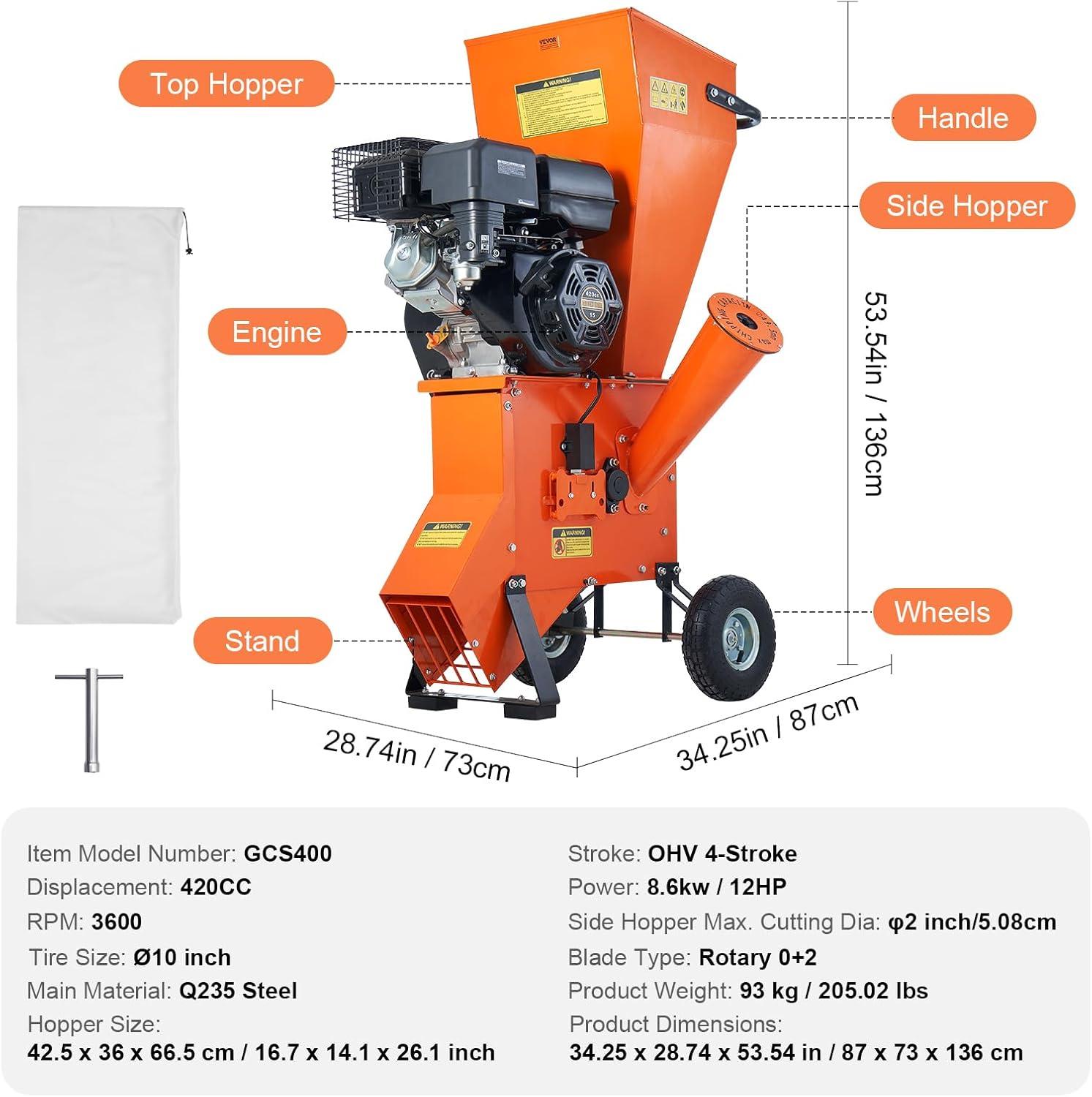 imageVEVOR Wood Chipper Shredder Mulcher 12 HP Heavy Duty Gas Powered 2 Max Diameter 420cc 86 kW Engine Woodchipper Fast Wood Chipping Chopping for Forestry Gardens Landscaping EPA Listed