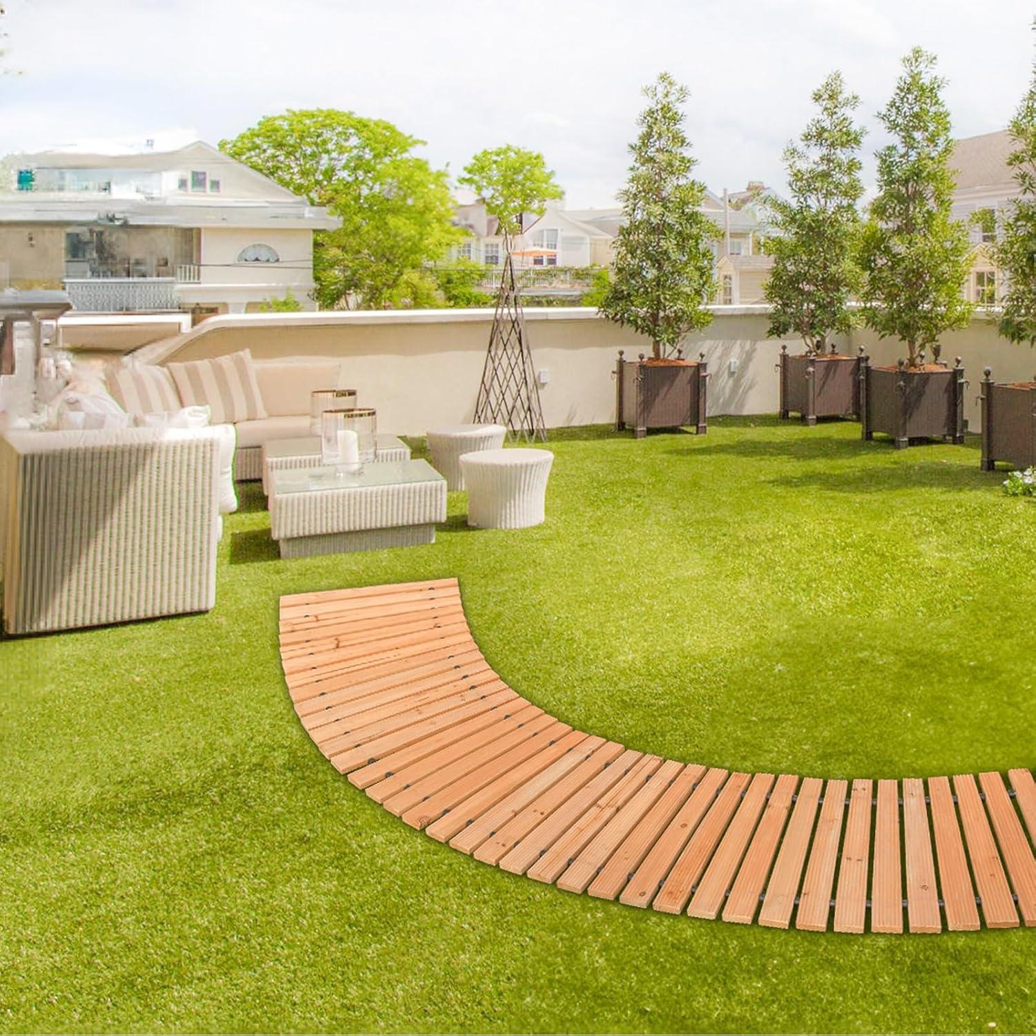 imageVEVOR Wooden Garden Pathway 8 ft L x 17 in W NonSlip Straight Garden Walkway Roll Out Cedar Outdoor Walkway Path with Wire Rope Connection Decorative Garden Paver for Backyard Wedding Party8ft17in