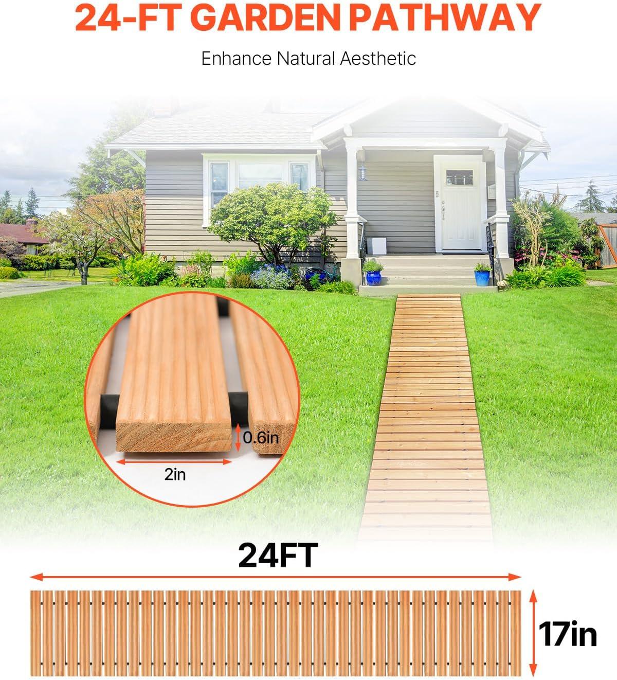 imageVEVOR Wooden Garden Pathway 8 ft L x 17 in W NonSlip Straight Garden Walkway Roll Out Cedar Outdoor Walkway Path with Wire Rope Connection Decorative Garden Paver for Backyard Wedding Party16ft17in