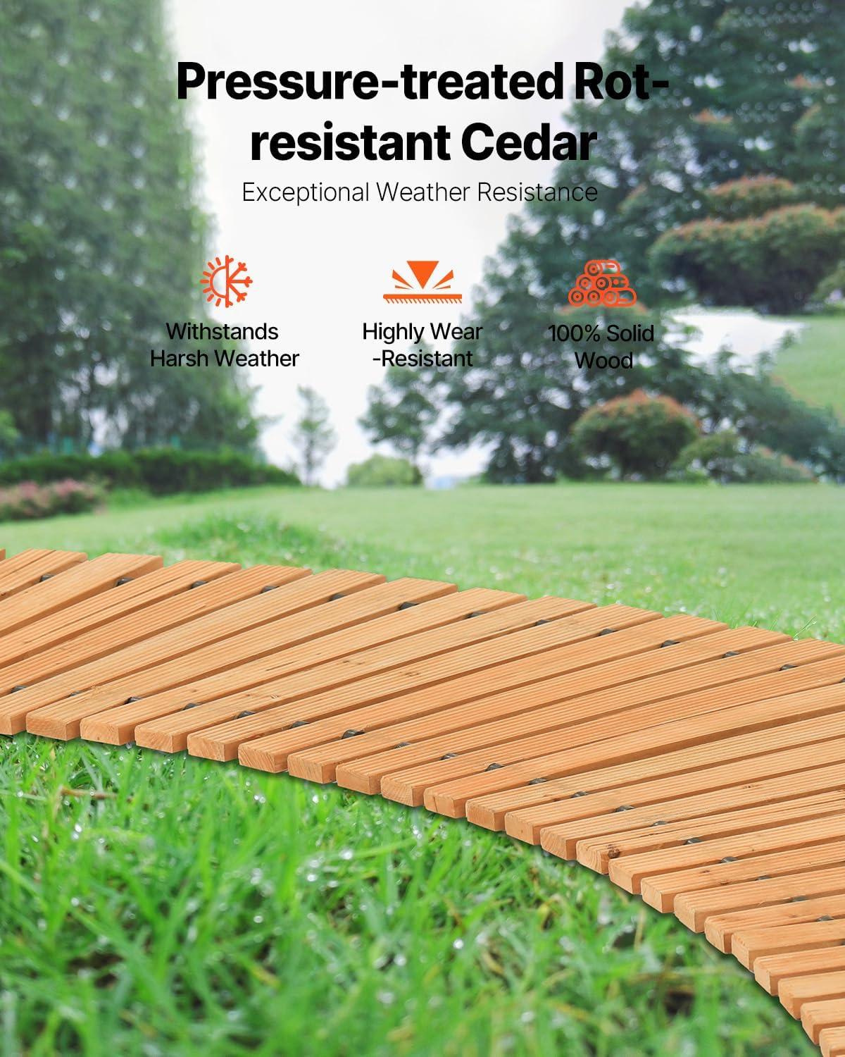 imageVEVOR Wooden Garden Pathway 8 ft L x 17 in W NonSlip Straight Garden Walkway Roll Out Cedar Outdoor Walkway Path with Wire Rope Connection Decorative Garden Paver for Backyard Wedding Party8ft17in