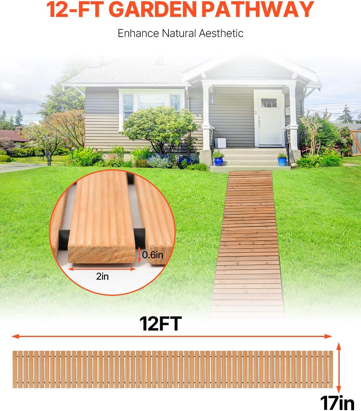 imageVEVOR Wooden Garden Pathway 8 ft L x 17 in W NonSlip Straight Garden Walkway Roll Out Cedar Outdoor Walkway Path with Wire Rope Connection Decorative Garden Paver for Backyard Wedding Party12ft17in