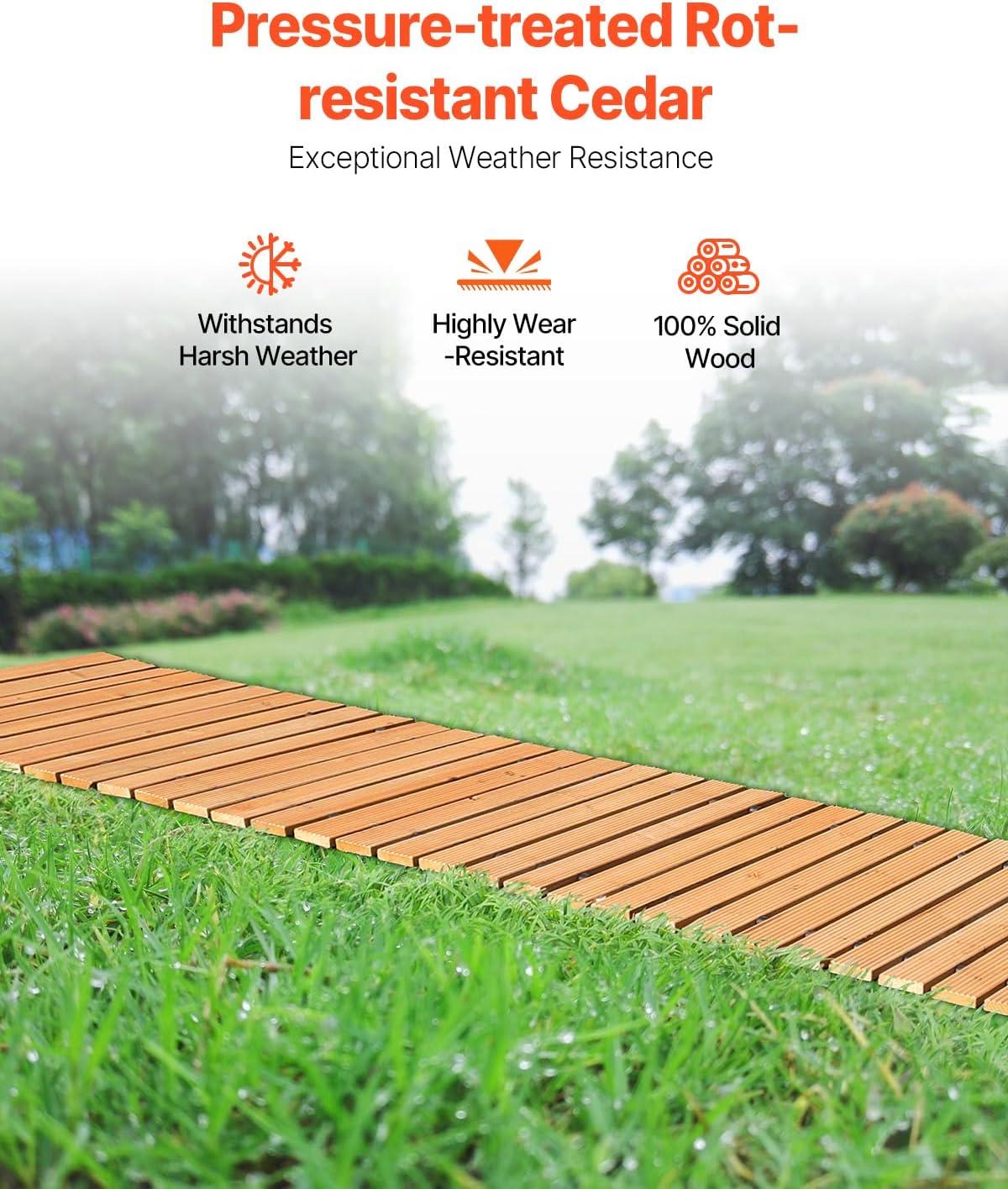 imageVEVOR Wooden Garden Pathway 8 ft L x 17 in W NonSlip Straight Garden Walkway Roll Out Cedar Outdoor Walkway Path with Wire Rope Connection Decorative Garden Paver for Backyard Wedding Party8ft17in