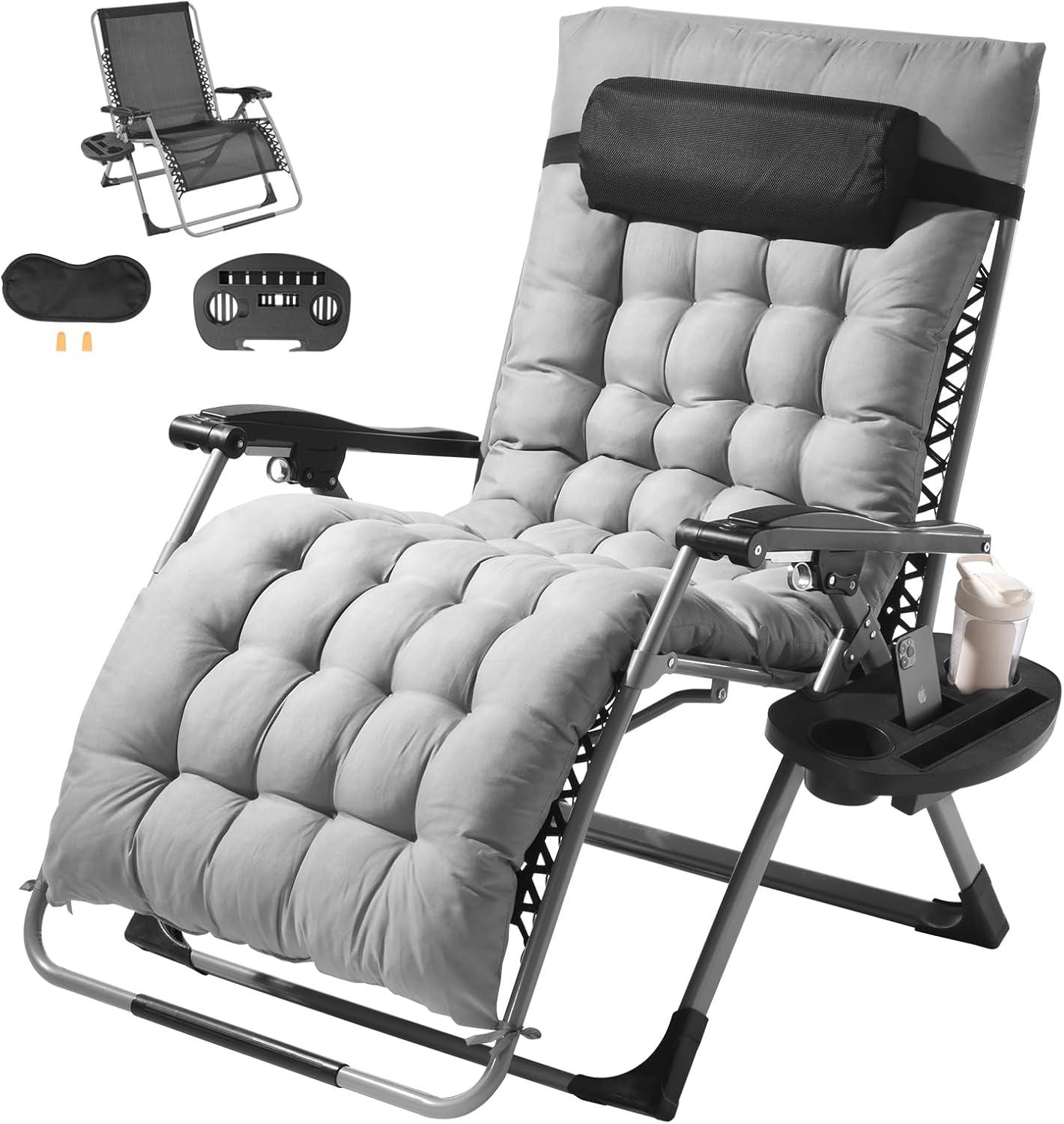 imageVEVOR Zero Gravity Chair 26 inch Zero Gravity Recliner Lounge Chair for Indoor and Outdoor Adjustable Anti Gravity Chair with Cushion Headrest Footrest and Cupholder 500 lbs BlackGrey
