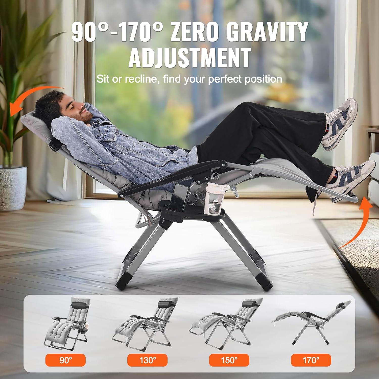 imageVEVOR Zero Gravity Chair 26 inch Zero Gravity Recliner Lounge Chair for Indoor and Outdoor Adjustable Anti Gravity Chair with Cushion Headrest Footrest and Cupholder 500 lbs BlackGrey