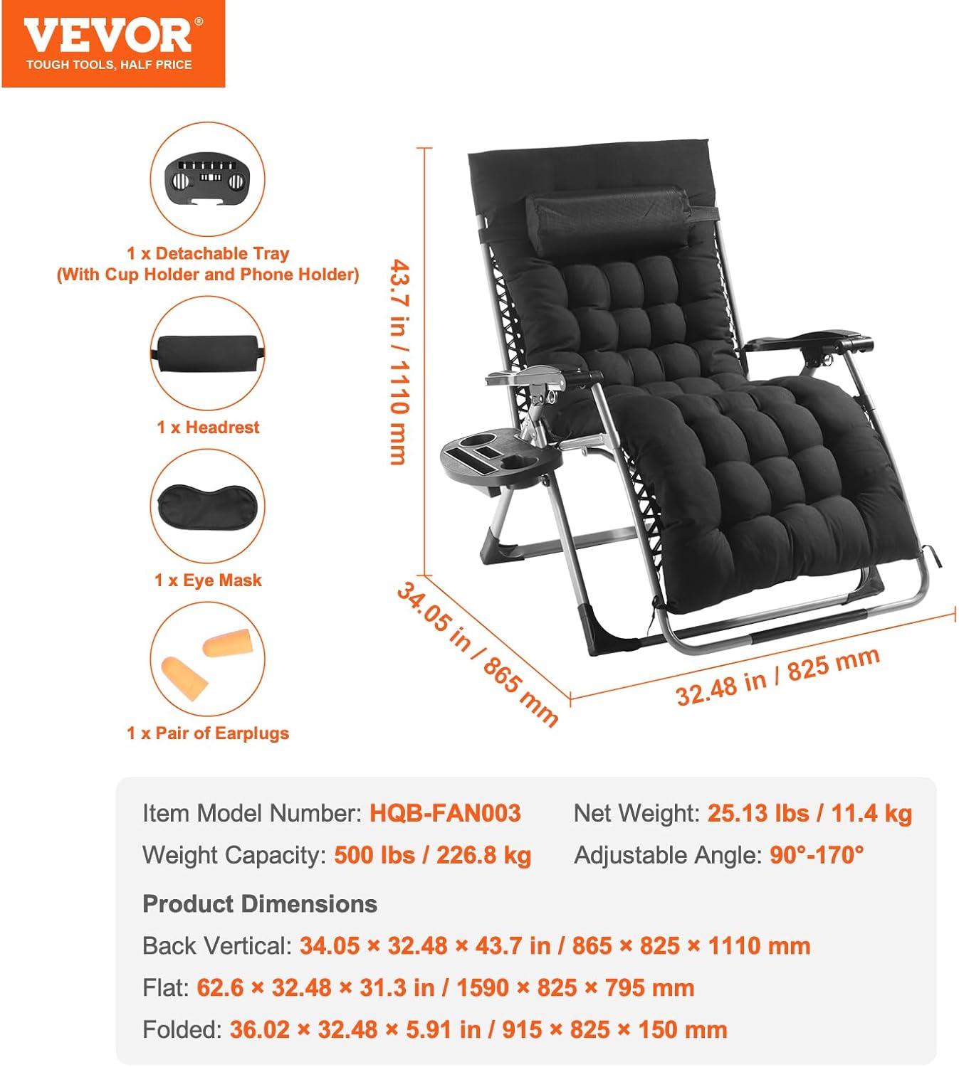 imageVEVOR Zero Gravity Chair 26 inch Zero Gravity Recliner Lounge Chair for Indoor and Outdoor Adjustable Anti Gravity Chair with Cushion Headrest Footrest and Cupholder 500 lbs BlackBlack
