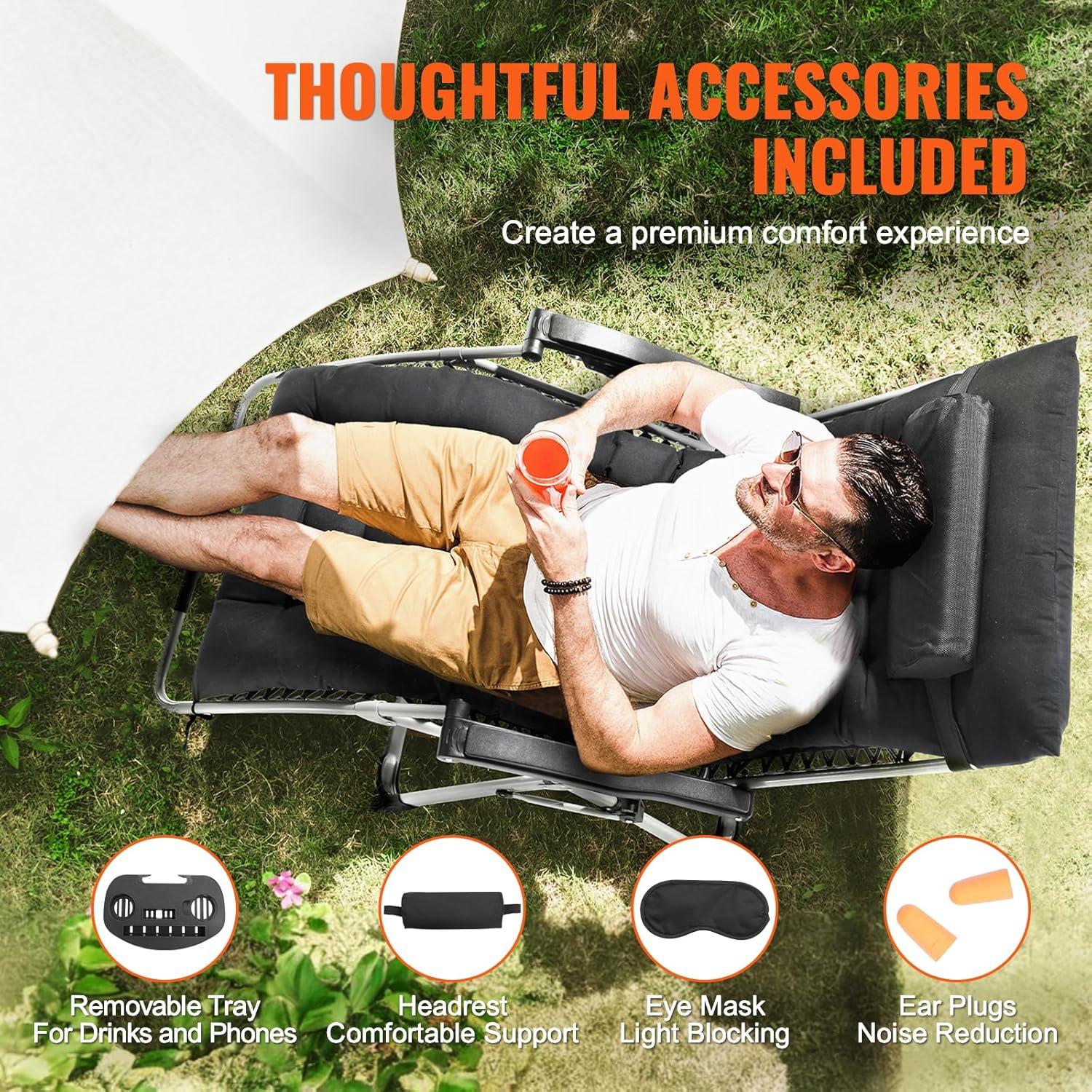 imageVEVOR Zero Gravity Chair 26 inch Zero Gravity Recliner Lounge Chair for Indoor and Outdoor Adjustable Anti Gravity Chair with Cushion Headrest Footrest and Cupholder 500 lbs BlackBlack