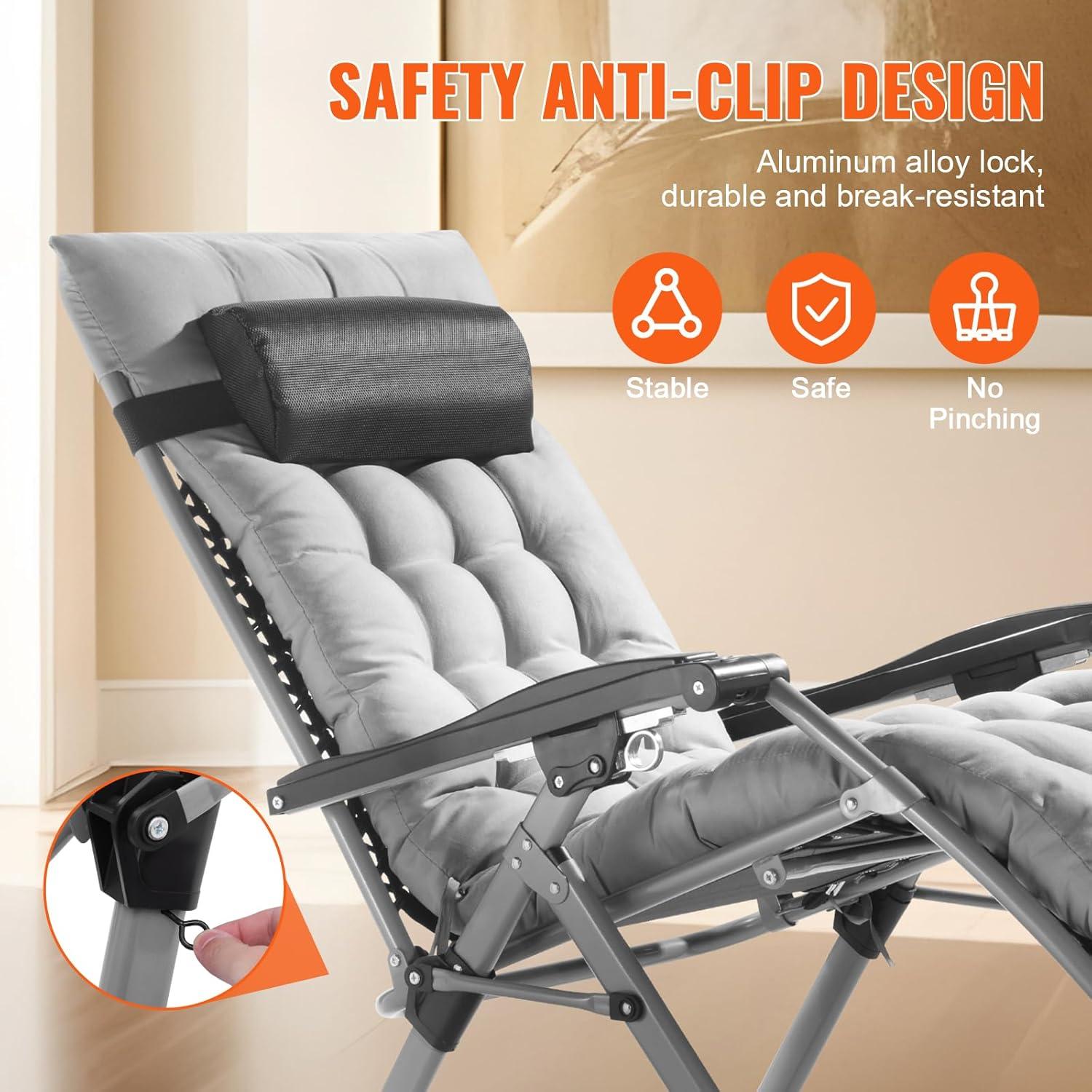 imageVEVOR Zero Gravity Chair 26 inch Zero Gravity Recliner Lounge Chair for Indoor and Outdoor Adjustable Anti Gravity Chair with Cushion Headrest Footrest and Cupholder 500 lbs BlackGrey