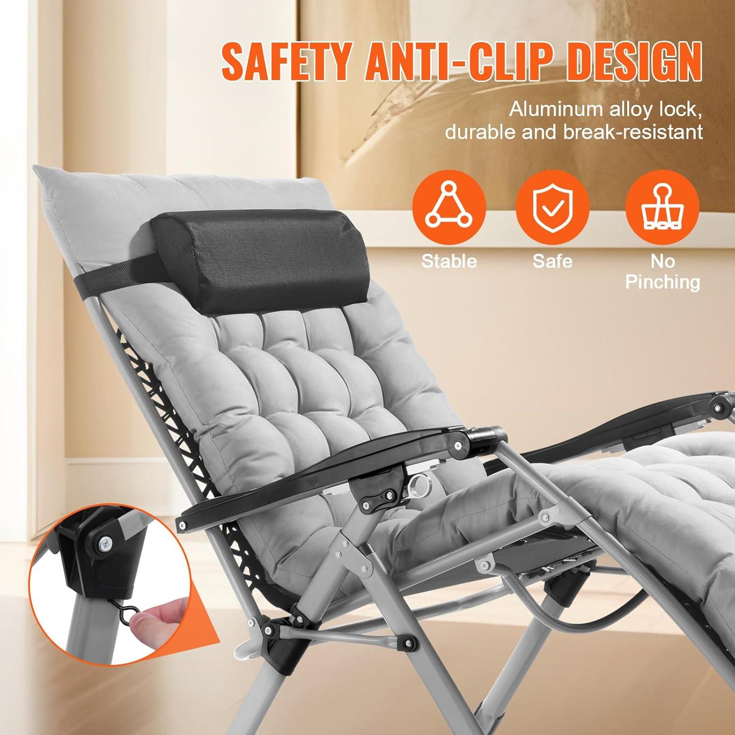 imageVEVOR Zero Gravity Chair 26 inch Zero Gravity Recliner Lounge Chair for Indoor and Outdoor Adjustable Anti Gravity Chair with Cushion Headrest Footrest and Cupholder 500 lbs BlackGrey