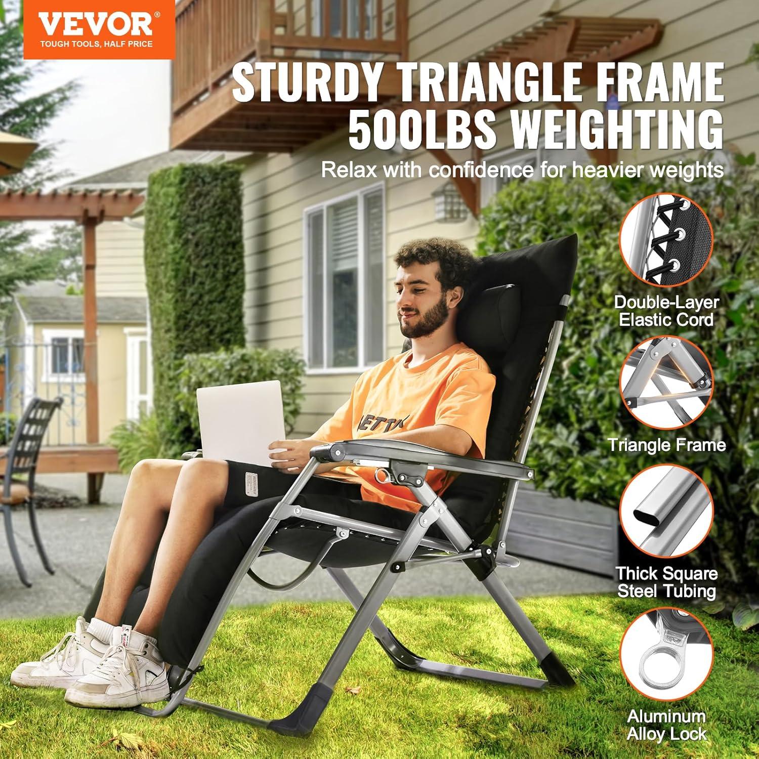 imageVEVOR Zero Gravity Chair 26 inch Zero Gravity Recliner Lounge Chair for Indoor and Outdoor Adjustable Anti Gravity Chair with Cushion Headrest Footrest and Cupholder 500 lbs BlackBlack