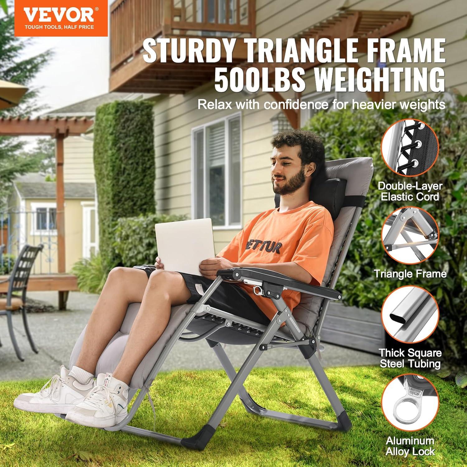 imageVEVOR Zero Gravity Chair 26 inch Zero Gravity Recliner Lounge Chair for Indoor and Outdoor Adjustable Anti Gravity Chair with Cushion Headrest Footrest and Cupholder 500 lbs BlackGrey