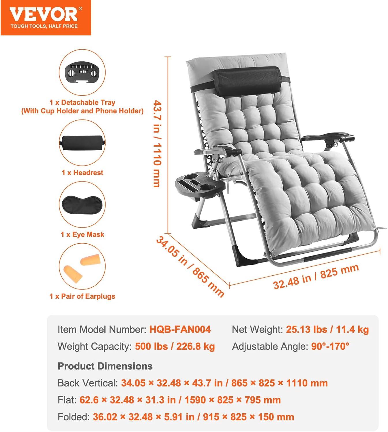 imageVEVOR Zero Gravity Chair 26 inch Zero Gravity Recliner Lounge Chair for Indoor and Outdoor Adjustable Anti Gravity Chair with Cushion Headrest Footrest and Cupholder 500 lbs BlackGrey