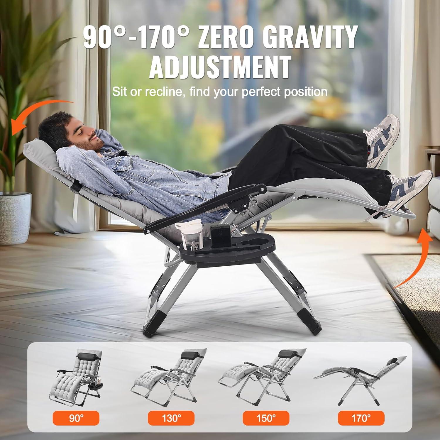 imageVEVOR Zero Gravity Chair 26 inch Zero Gravity Recliner Lounge Chair for Indoor and Outdoor Adjustable Anti Gravity Chair with Cushion Headrest Footrest and Cupholder 500 lbs BlackGrey
