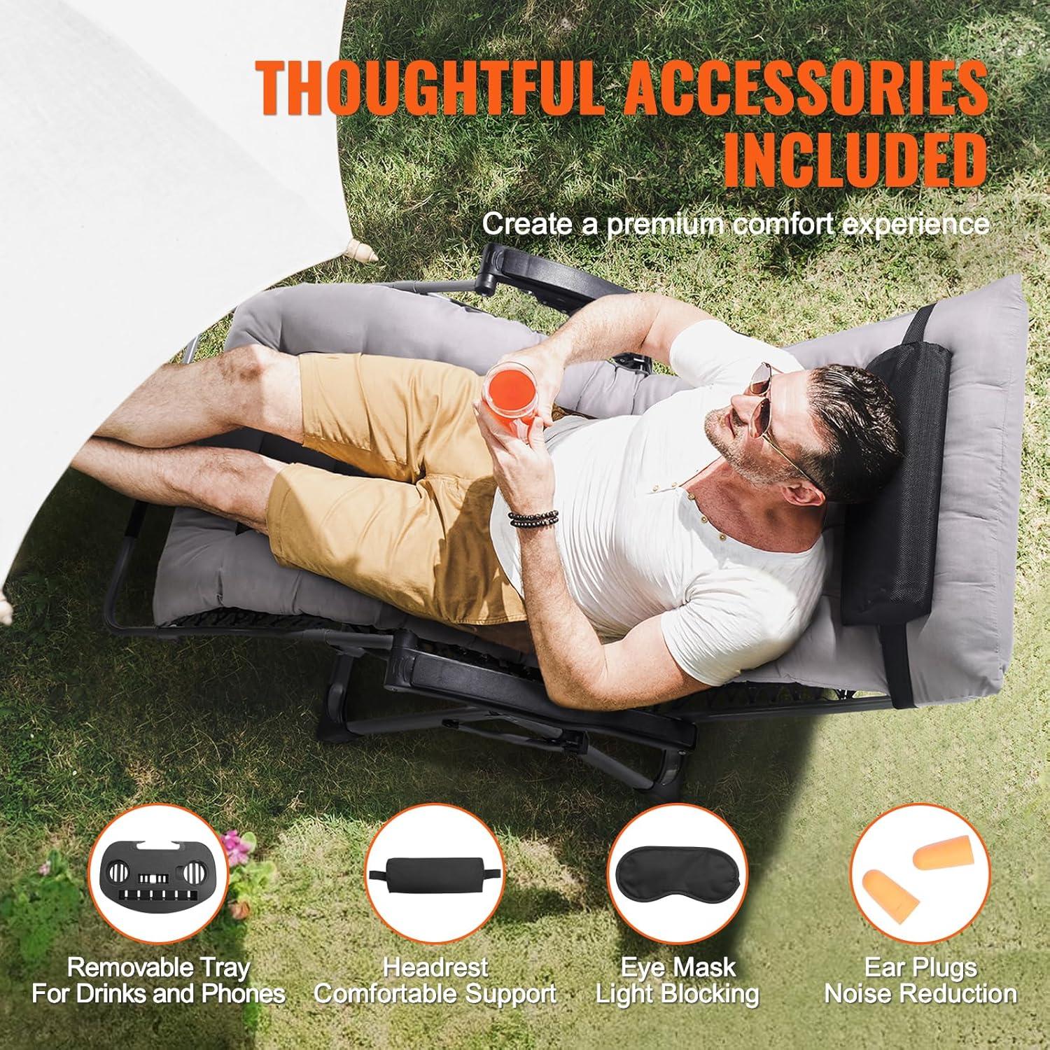 imageVEVOR Zero Gravity Chair 26 inch Zero Gravity Recliner Lounge Chair for Indoor and Outdoor Adjustable Anti Gravity Chair with Cushion Headrest Footrest and Cupholder 500 lbs BlackGrey