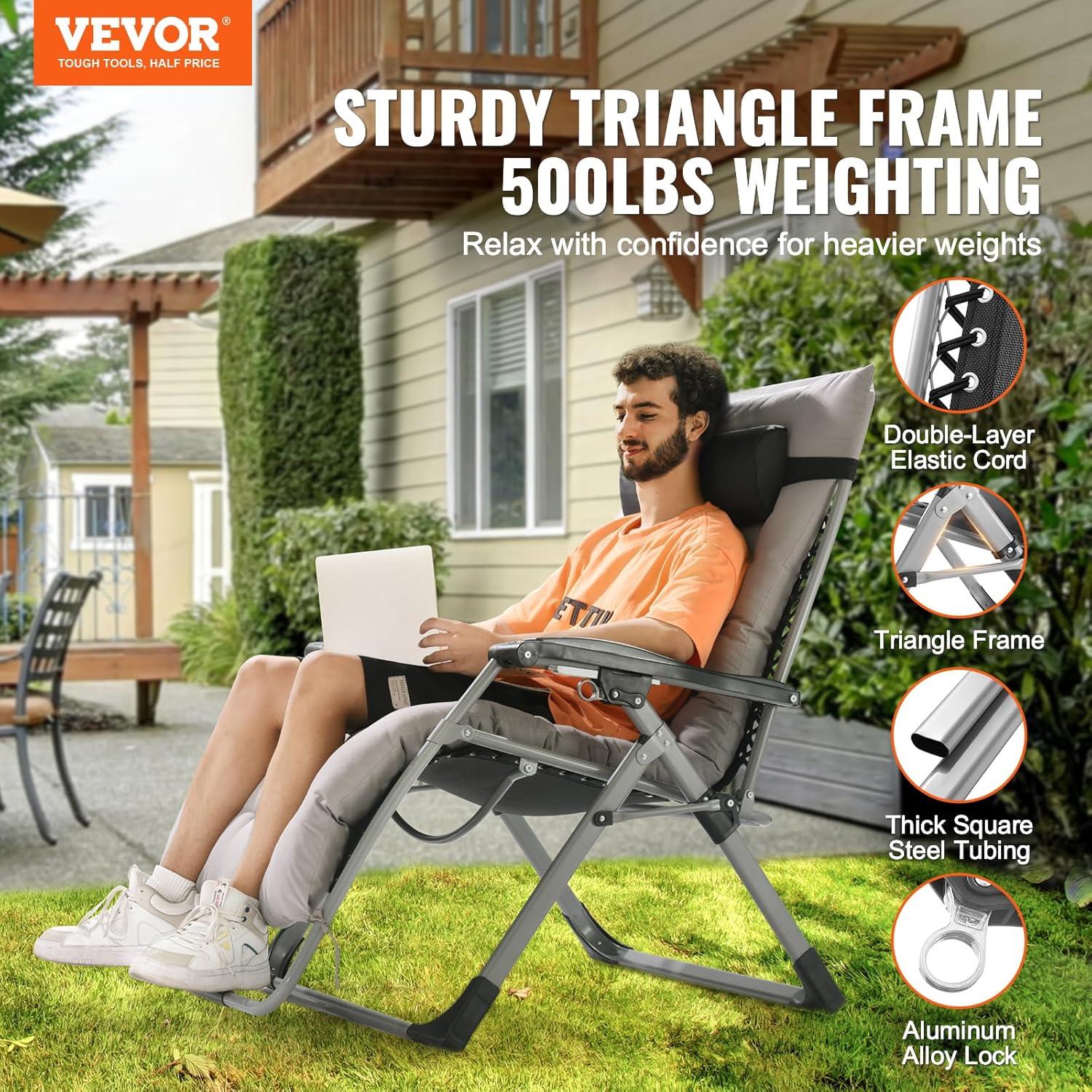 imageVEVOR Zero Gravity Chair 26 inch Zero Gravity Recliner Lounge Chair for Indoor and Outdoor Adjustable Anti Gravity Chair with Cushion Headrest Footrest and Cupholder 500 lbs BlackGrey
