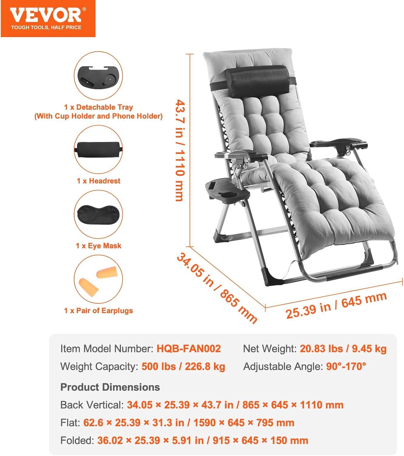 imageVEVOR Zero Gravity Chair 26 inch Zero Gravity Recliner Lounge Chair for Indoor and Outdoor Adjustable Anti Gravity Chair with Cushion Headrest Footrest and Cupholder 500 lbs BlackGrey